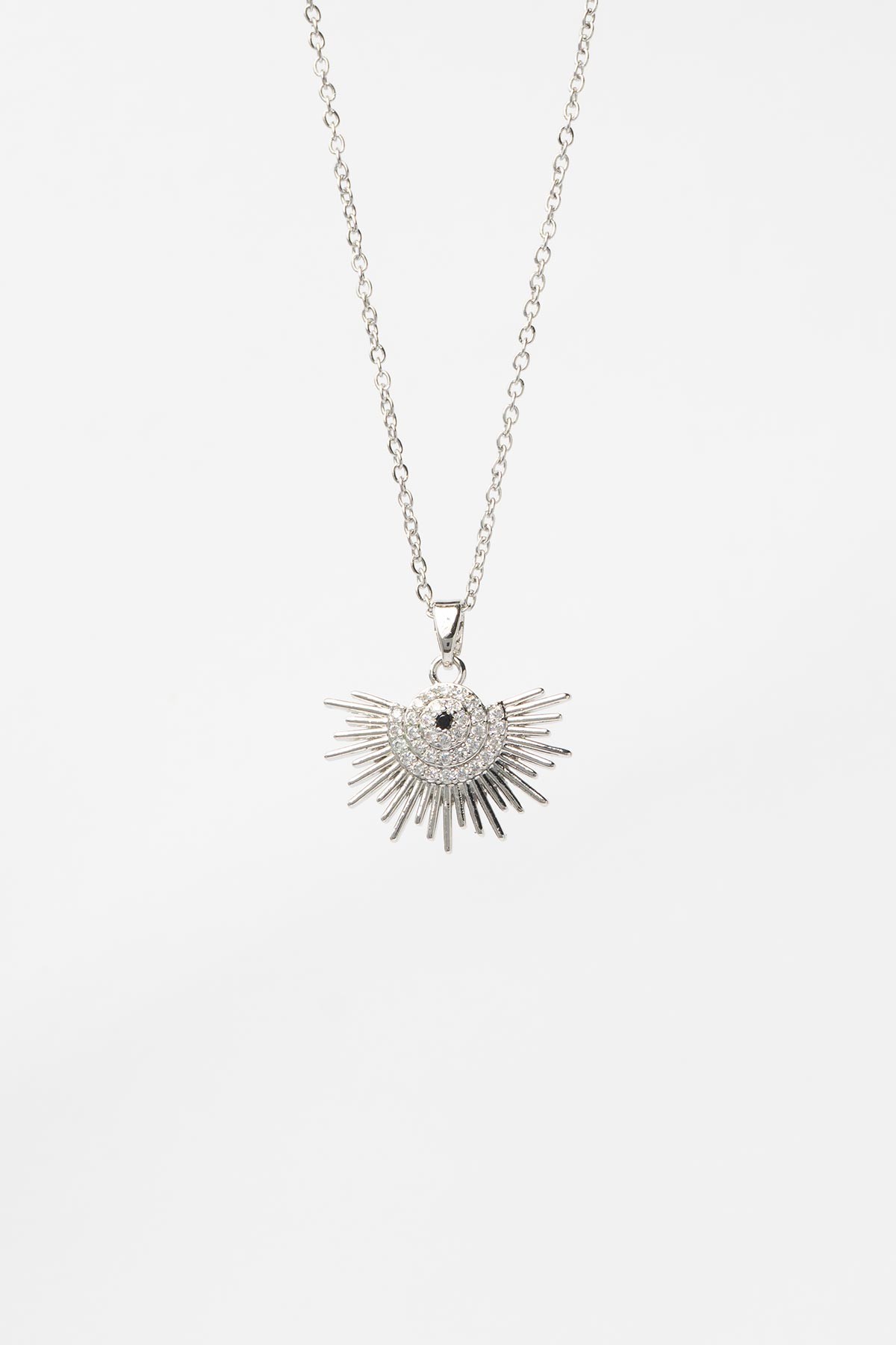 Silver Minimal Zincir Zirkon Detay Güneş Işınları Sallantılı 45cm Çelik Kolye AKL4130
