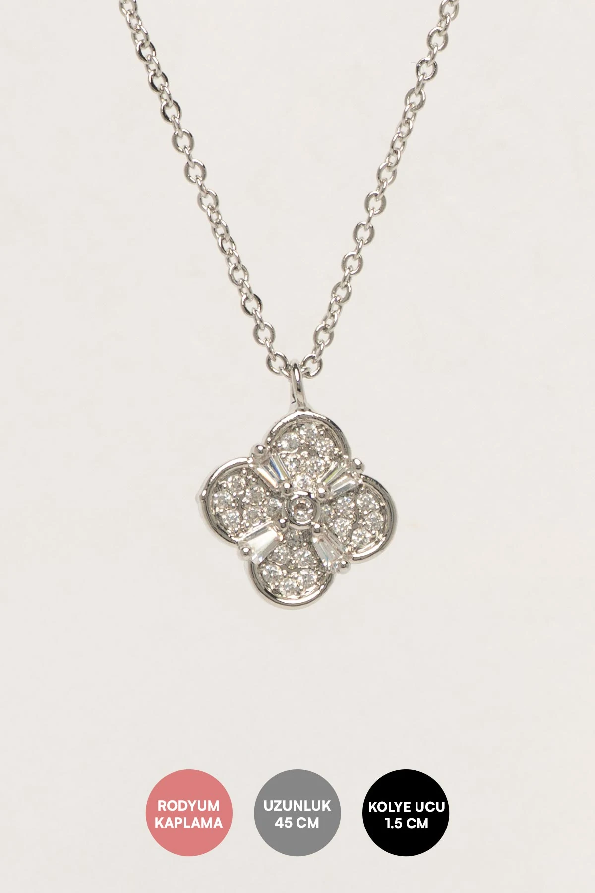 Silver Zirkon Detay Minimal Dört Yaprak Yonca Sallantılı Luxury Kolye AKL4411