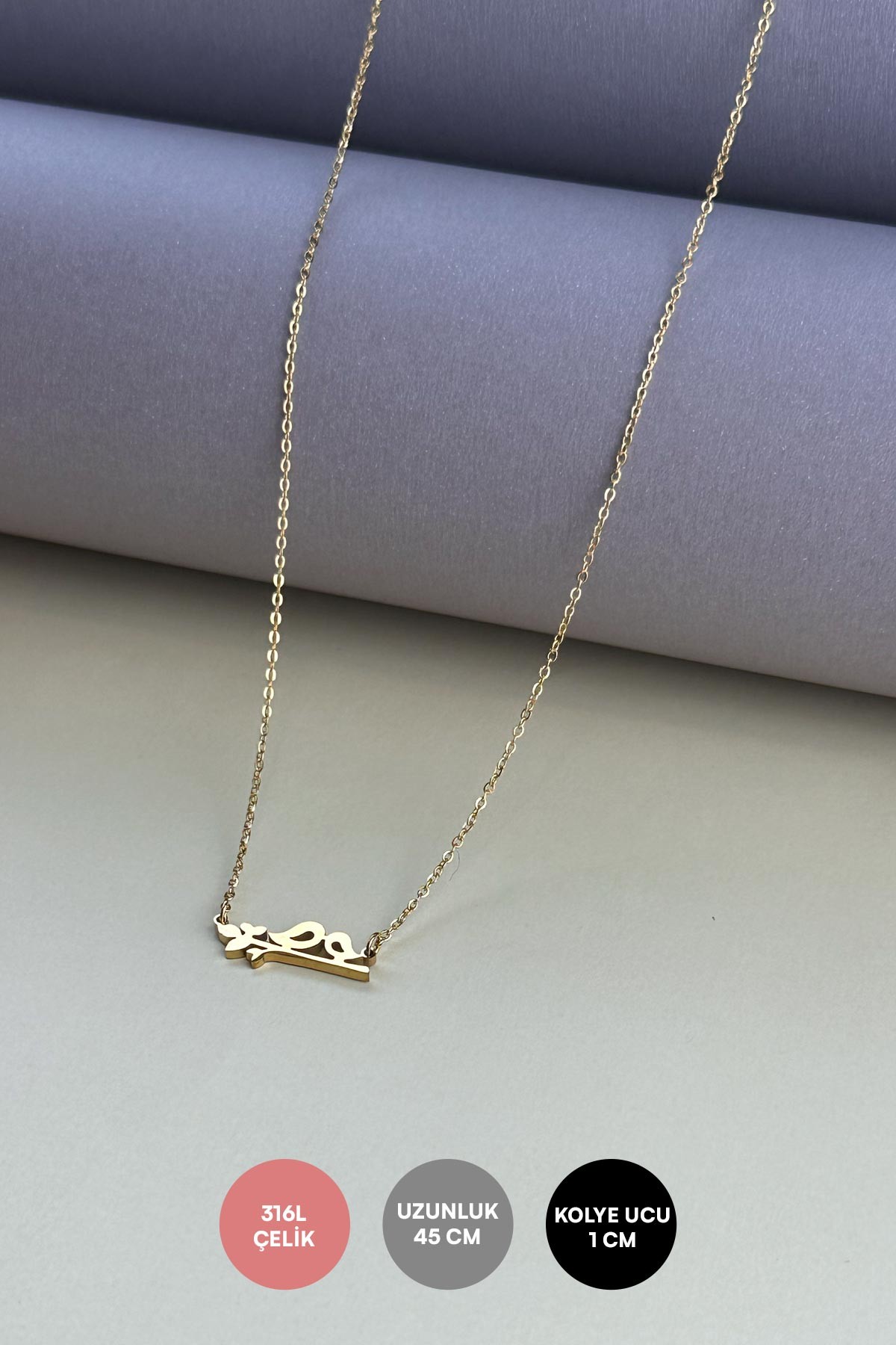 Gold Minimal Zincir Dal Üstünde Öpüşen Kuşlar Sallantılı Çelik Kolye 45 cm AKL3766