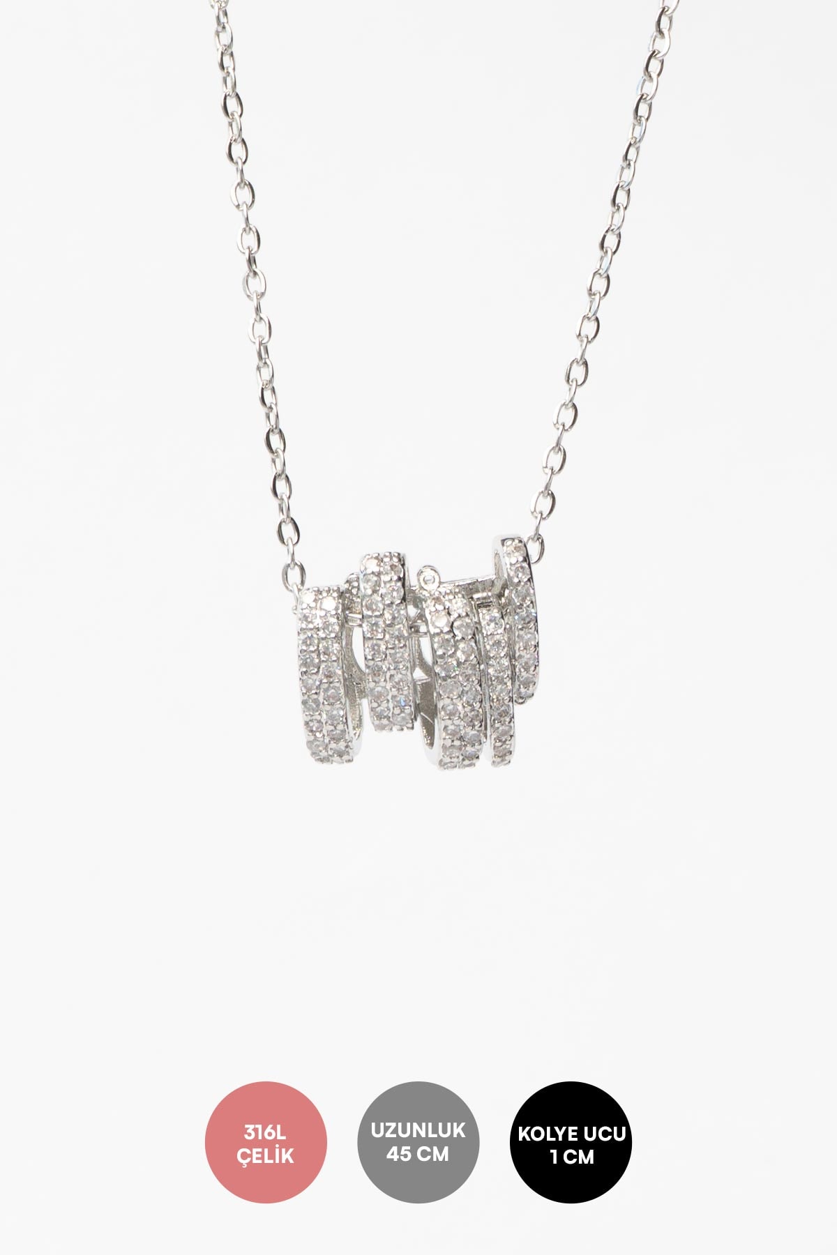 Silver Minimal Zincir Zirkon Kaplı Beş Halka Sıralı 45cm Çelik Kolye AKL4125