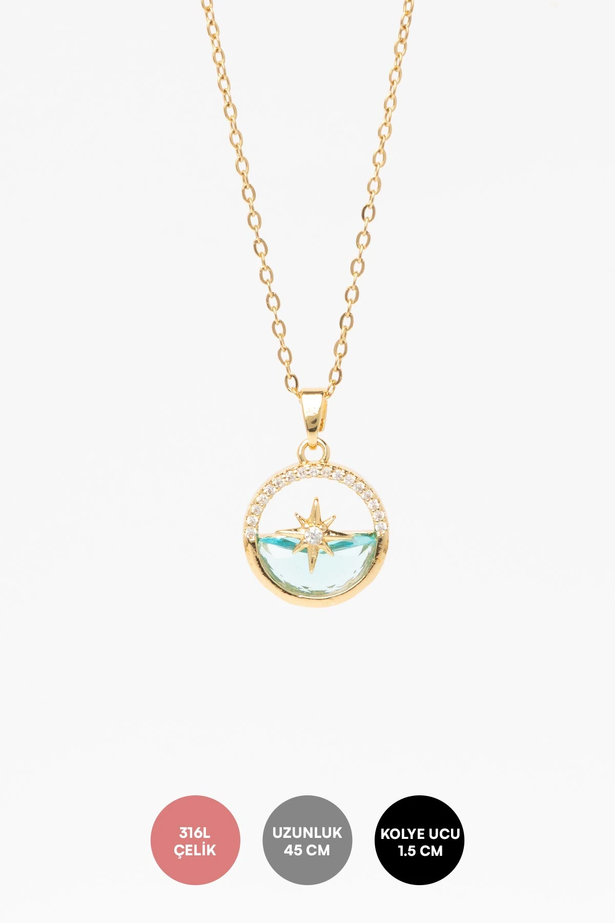 Gold Zirkon Detay Deniz Üstünde Kuzey Yıldızı Tasarımı 45cm Çelik Kolye AKL4304