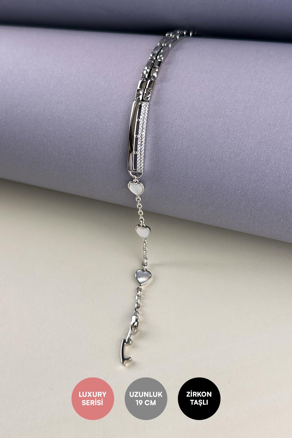 Silver Sedefli Kalp Detay Zirkon Künye Tasarım Luxury Bileklik ABL7248