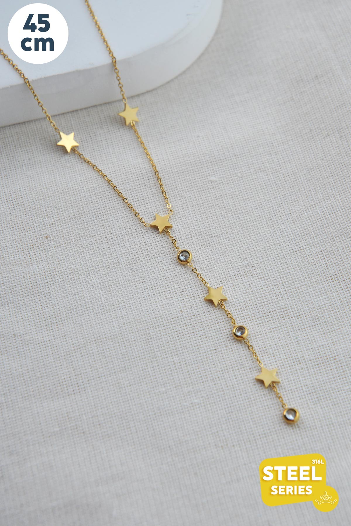 Gold Y Tasarım Minimal Tektaş ve Yıdız Detay Çelik Kolye 45 cm AKL3750