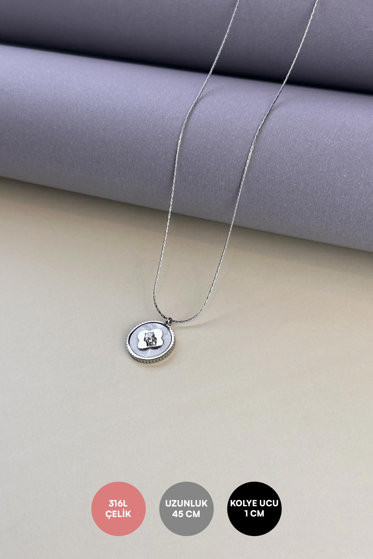 Silver Minimal Zincir Sedef Daire İçerisinde Tektaş Detay Yonca Tasarım Çelik Kolye 45 cm AKL3896