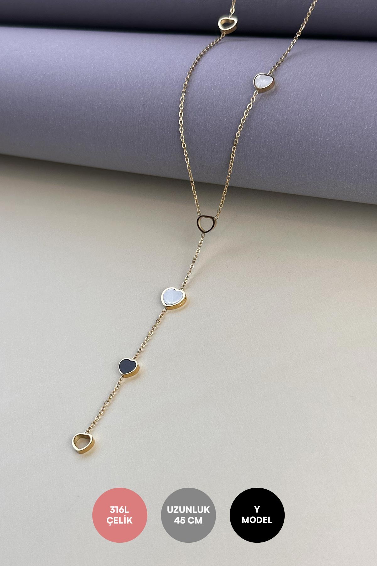 Gold Y Tasarım İçi Boş Ve Sedefli Kalpler Çelik Kolye 45 cm AKL3910