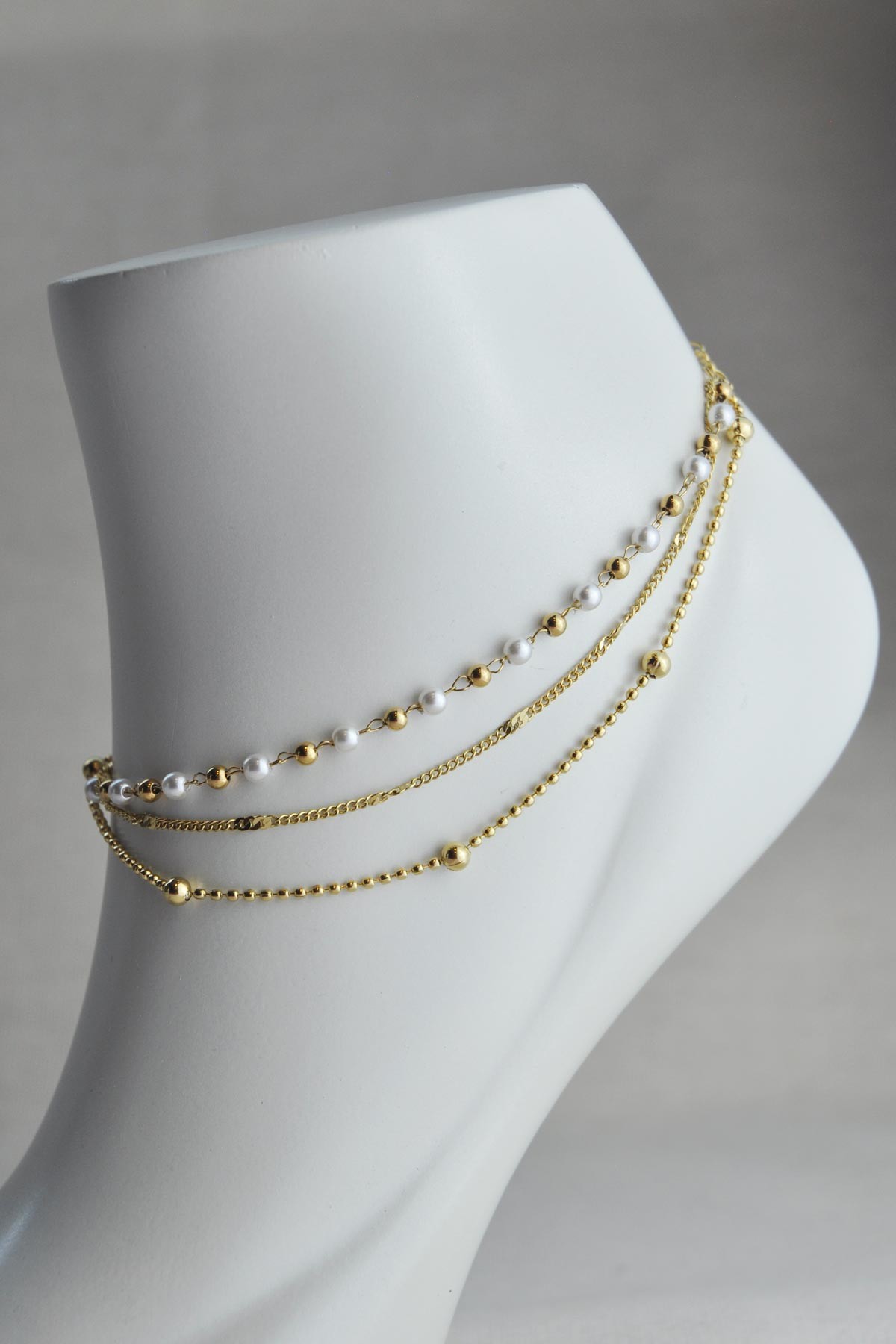 Çoklu Zincir Tasarım Minimal Gold Ve İnci Topçuklar Çelik Halhal AHL1367