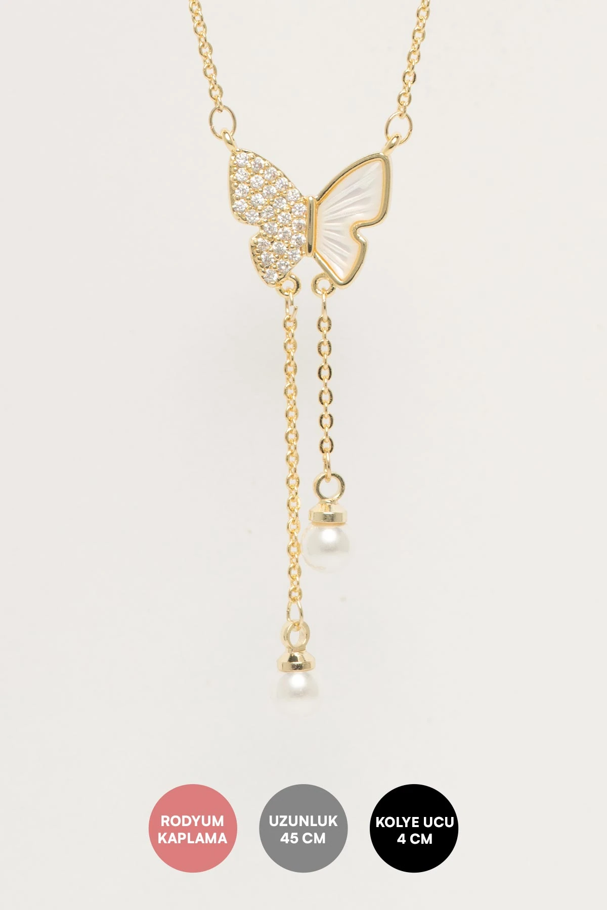 Gold Zirkon Ve Sedef Detay Kelebek İnci Topçuk Sallantılı Luxury Kolye AKL4413