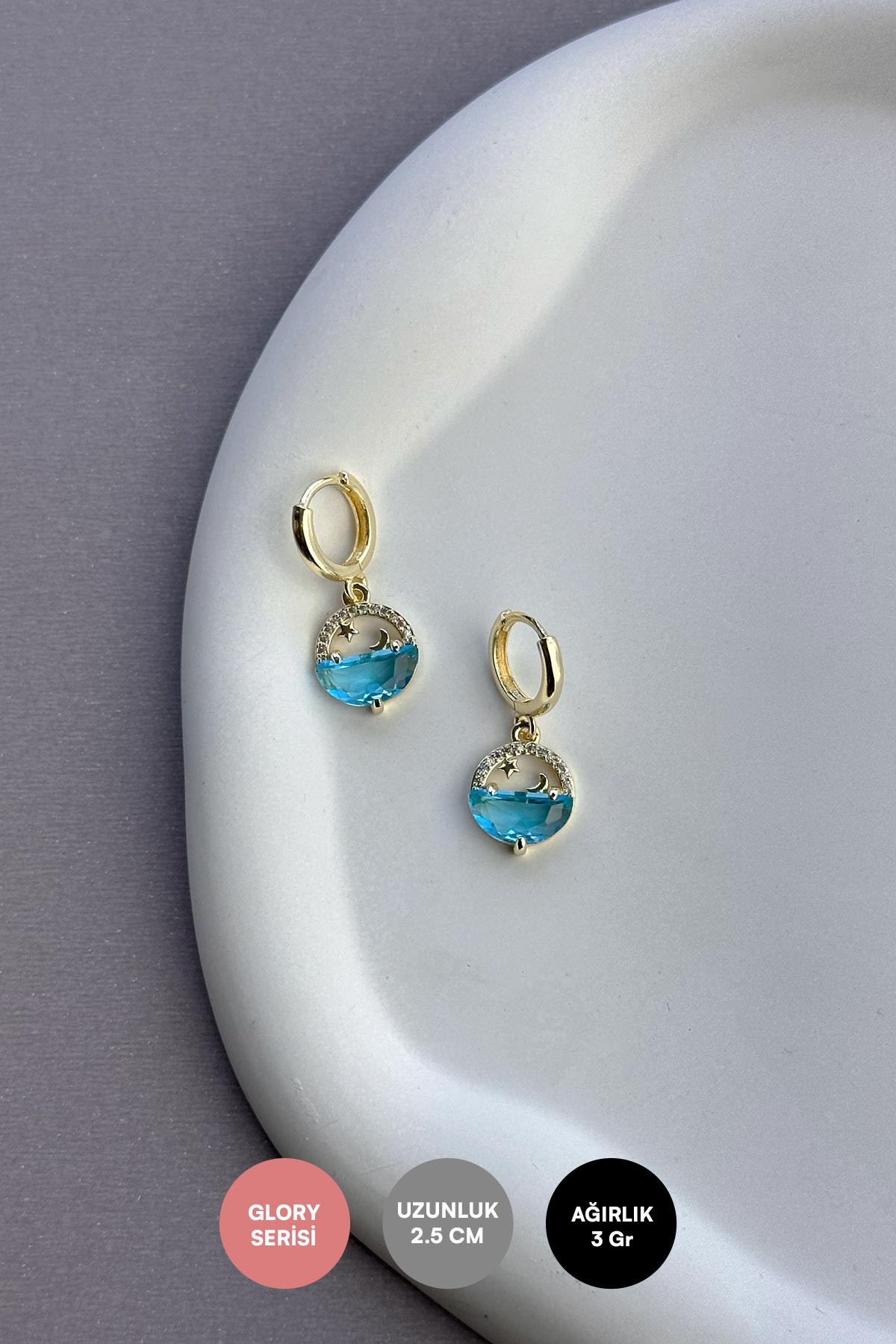 Gold Zirkon Çember Deniz Ay Ve Yıldız Detay Sallantılı Glory Küpe AKE9154