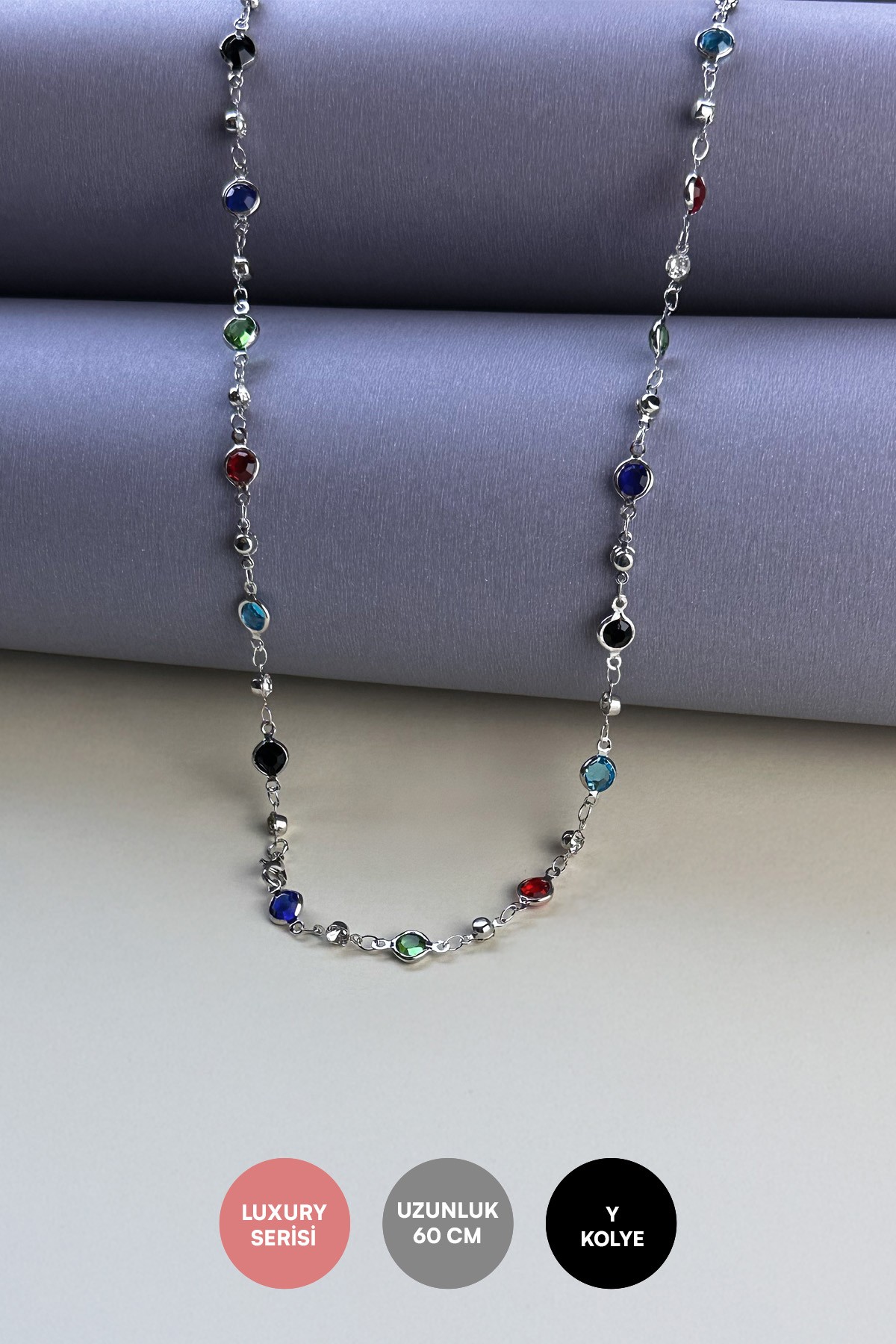 Silver Oval Kesim Renkli Taşlar Sıralı Y Tasarım Luxury Kolye AKL3979
