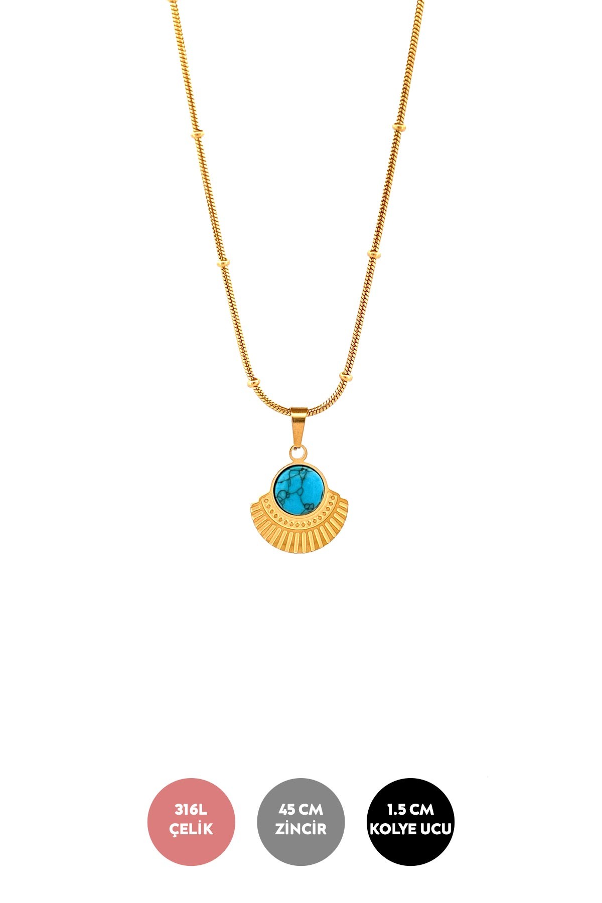 Gold Minimal Topçuklu Boru Zincir Firuze Sallantılı Çelik Kolye 45 cm AKL3789