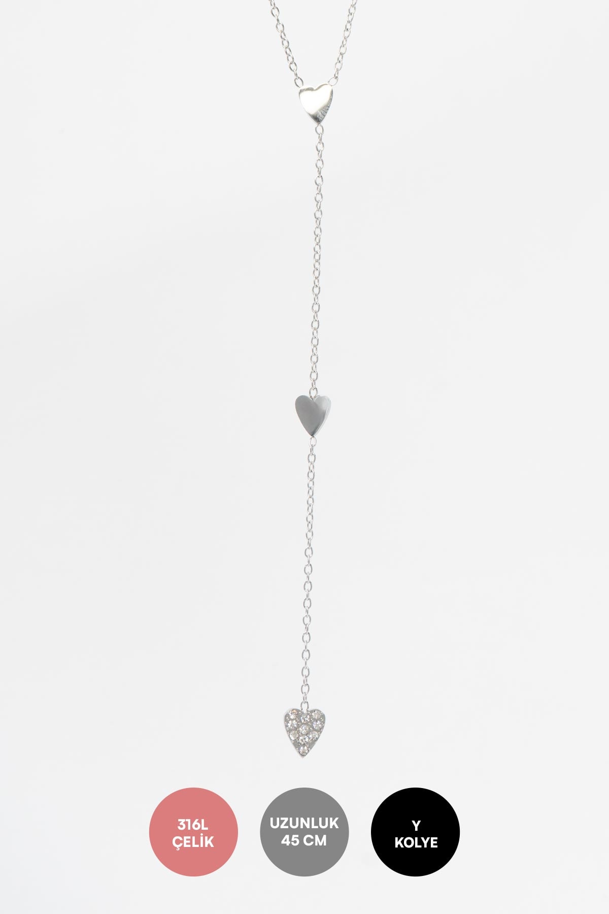 Silver Minimal Zincir Y Tasarım Zirkon Detay Kalp Ve Sade Kalpler Sallantılı 45cm Çelik Kolye AKL4166