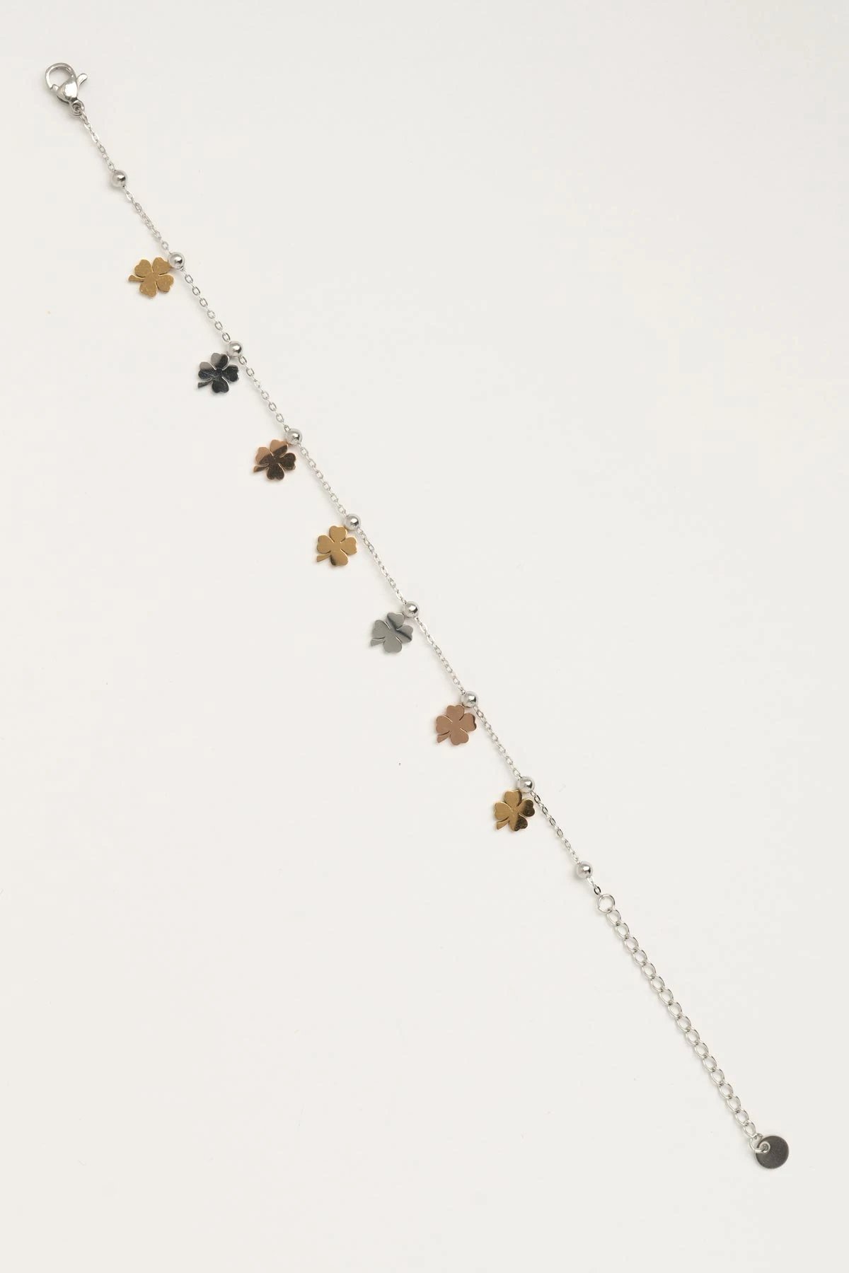 Silver Minimal Topçuk Zincir Karma Renkli Yonca Sıralı Çelik Bileklik ABL7563