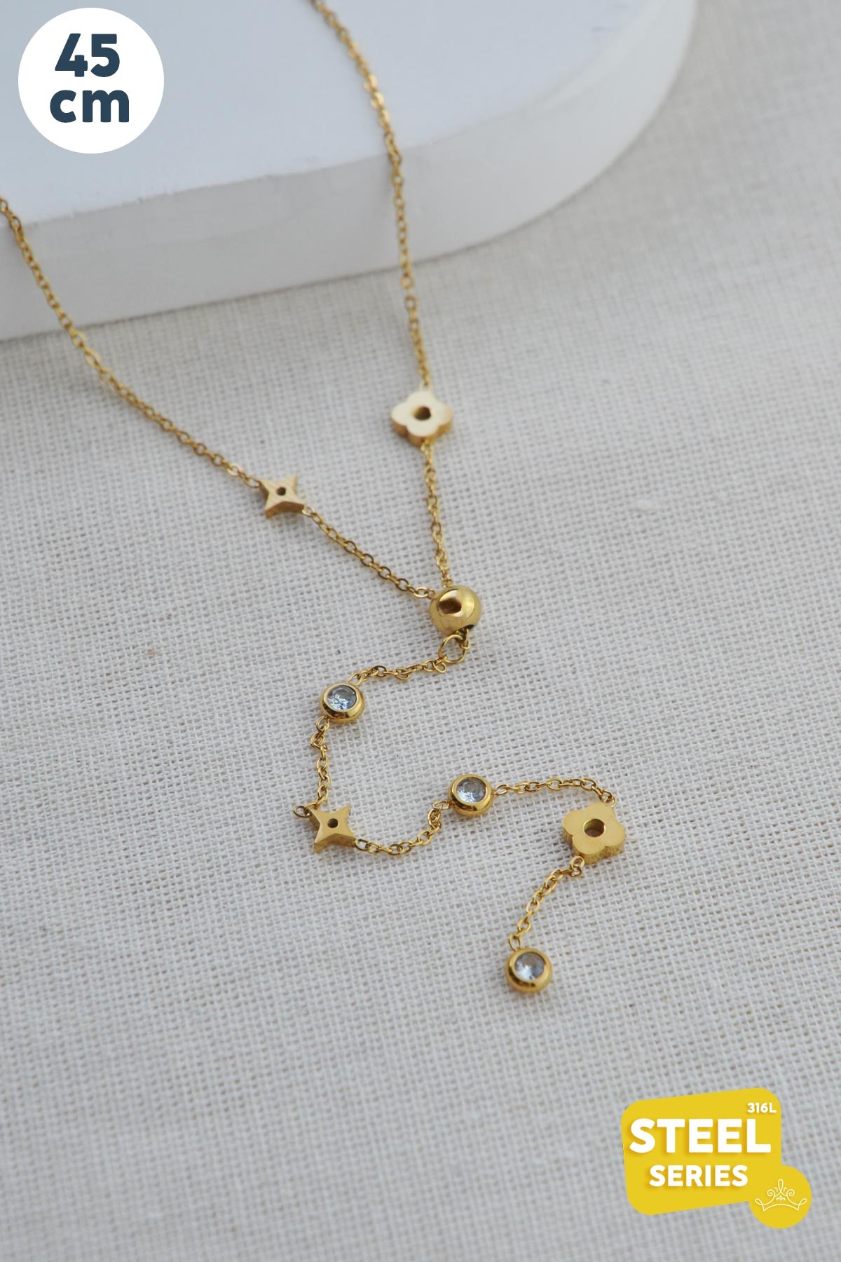 Gold Y Tasarım Minimal Tektaş ve Dört Köşe Yıdız Detay Çelik Kolye 45 cm AKL3751
