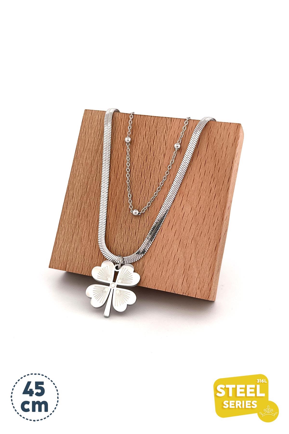 Çift Zincir Tasarım Topçuk Detay Silver Yonca Çelik Kolye 45 Cm AKL2163