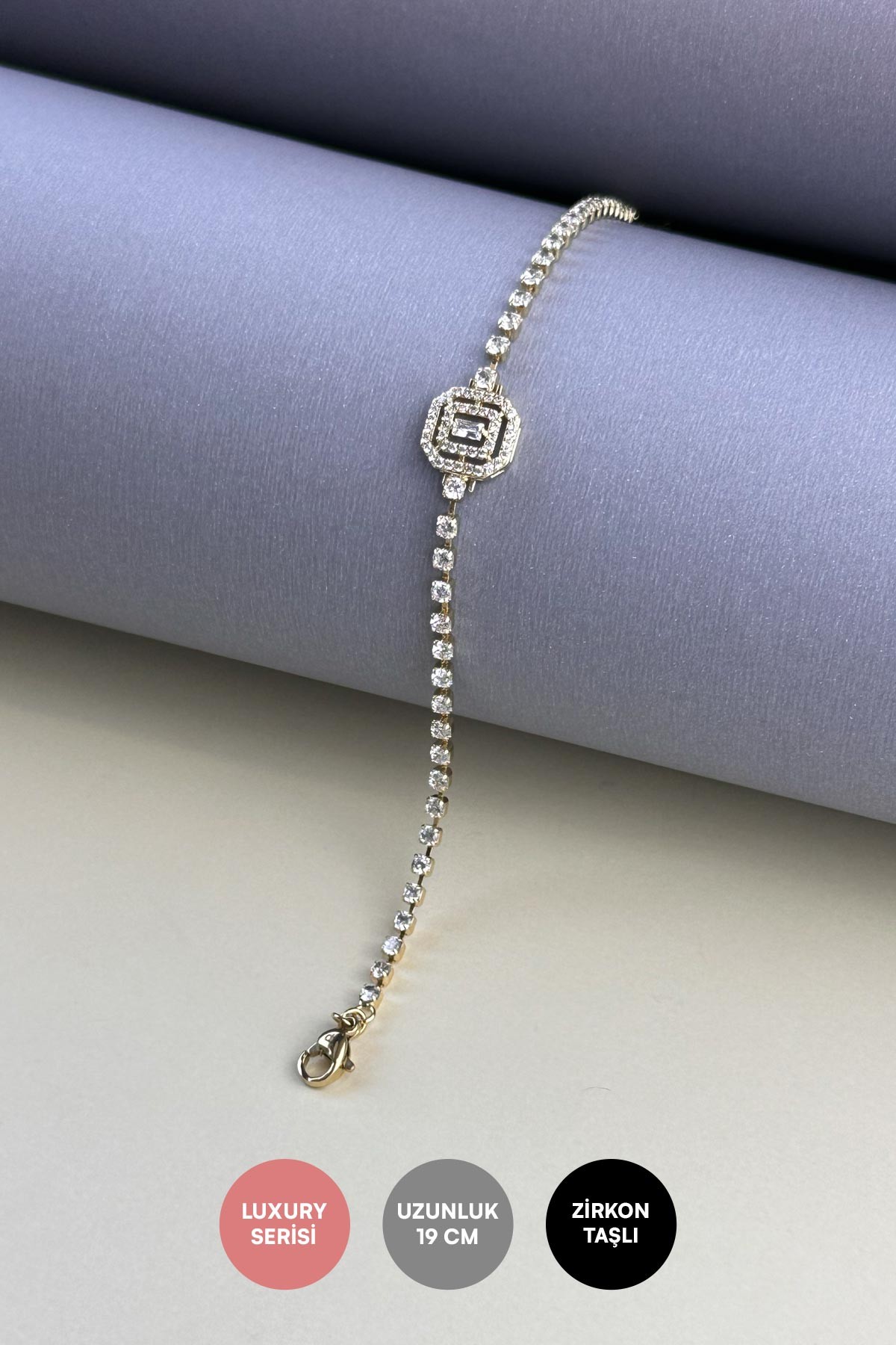 Gold 14K Minimal Kristal Kareler Sıralı Zirkon Ve Baget Detay Sekizgen Tasarım Luxury Bileklik ABL7256