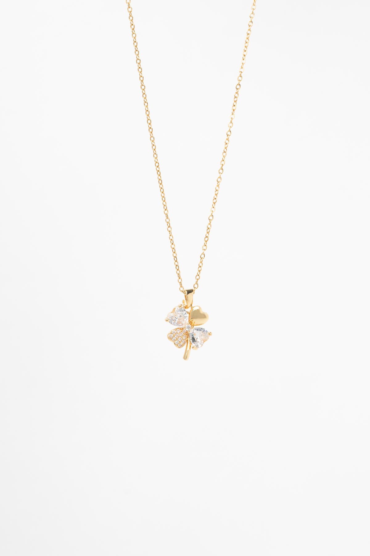 Gold Minimal Zincir Zirkon Ve Kalp Tektaş Tasarım Yonca Çelik Kolye 45 cm AKL4066