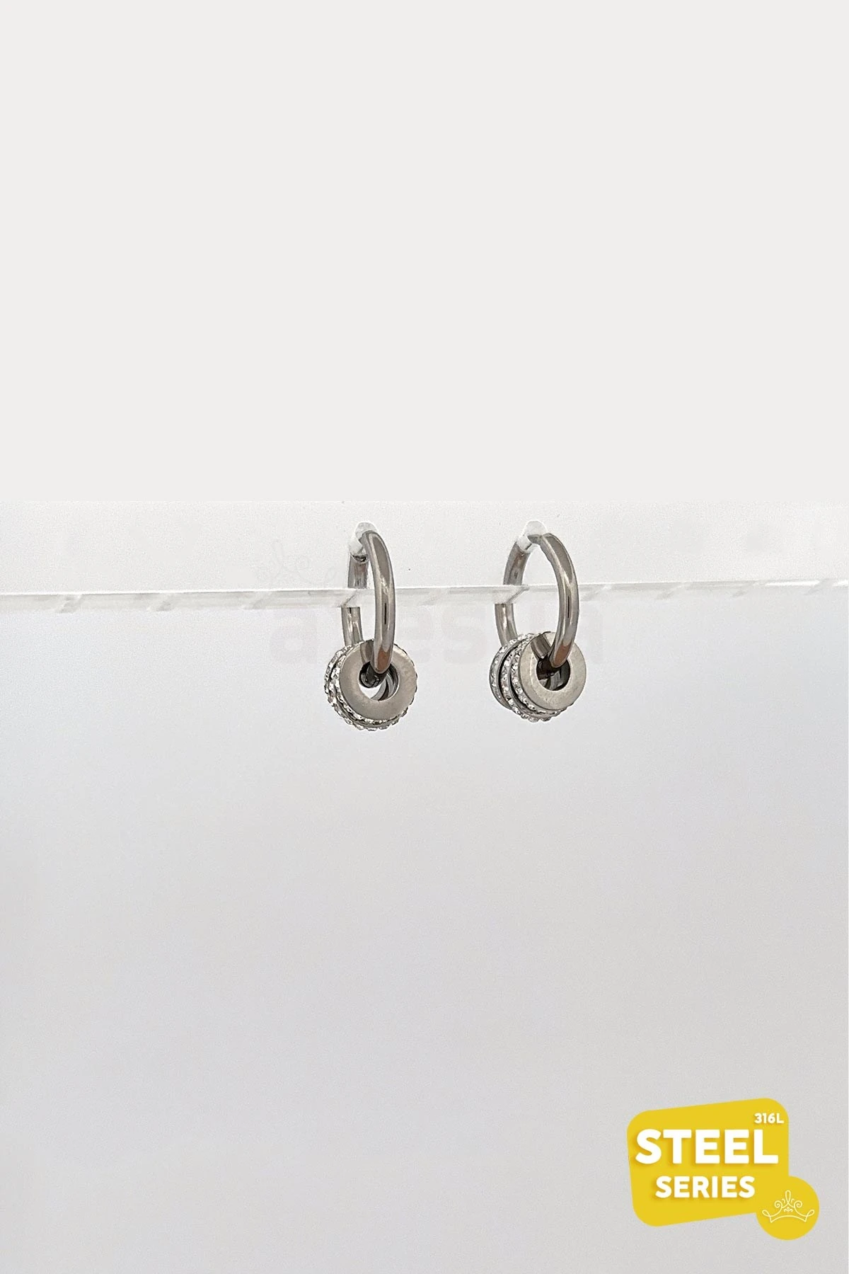 Zirkon Silindir Sallantılı Silver Halka Çelik Küpe AKE5691