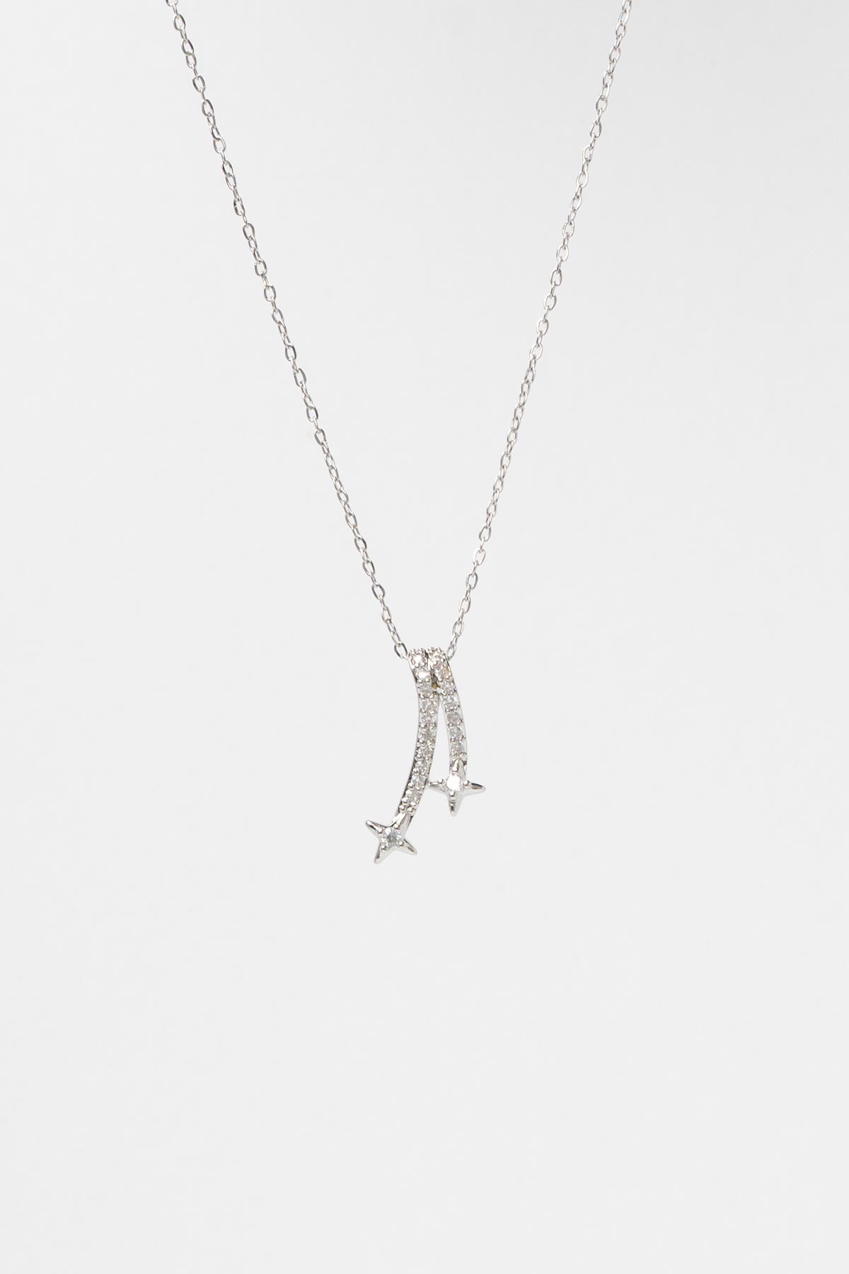 Silver Zirkon Kaplı İkili Minimal Kuyruklu Yıldız Sallantılı Luxury Kolye AKL4222