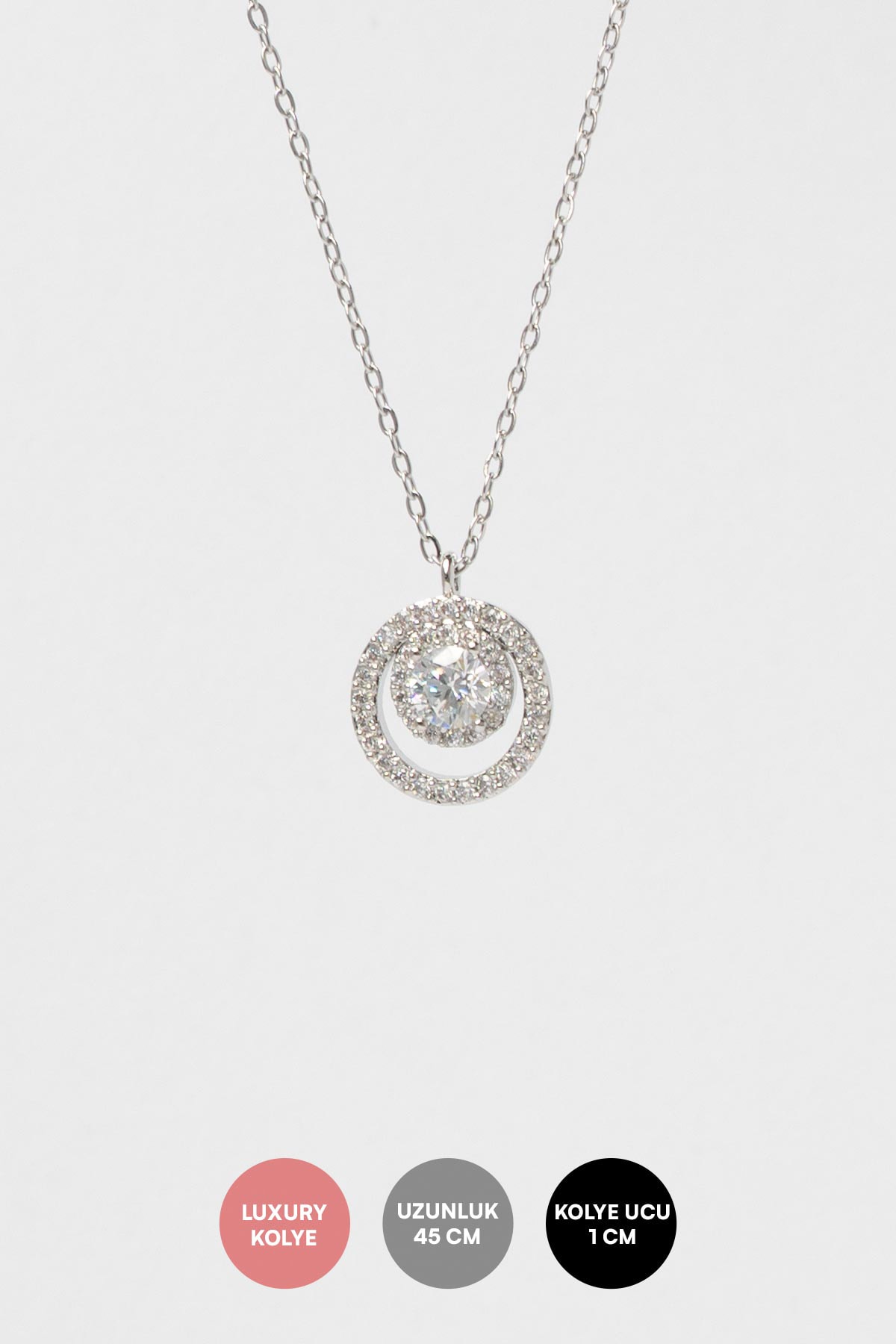 Silver Zirkon Taşlı Tek Taş Detay İkili Çember Sallantılı Luxury Kolye AKL4226