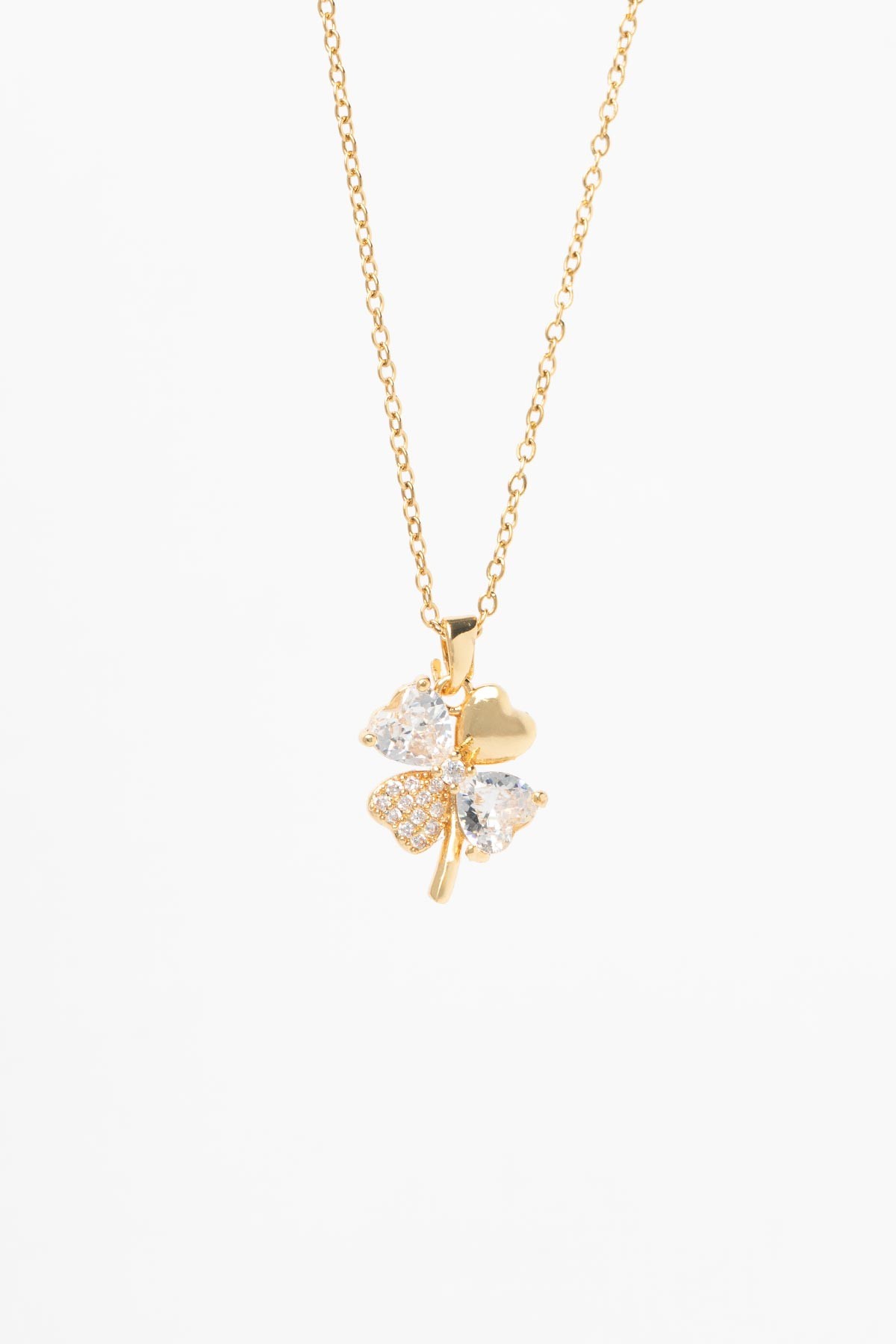 Gold Minimal Zincir Zirkon Ve Kalp Tektaş Tasarım Yonca Çelik Kolye 45 cm AKL4066