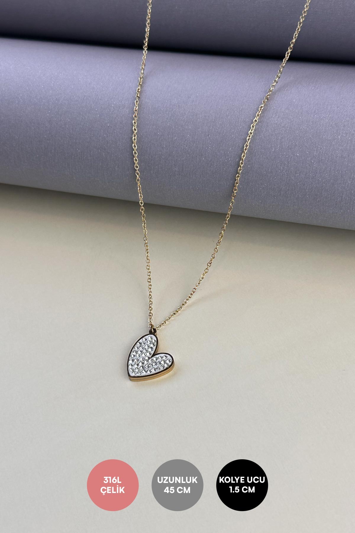 Gold Minimal Zincir Zirkon Detay Kalp Çelik Kolye 45 cm AKL3126