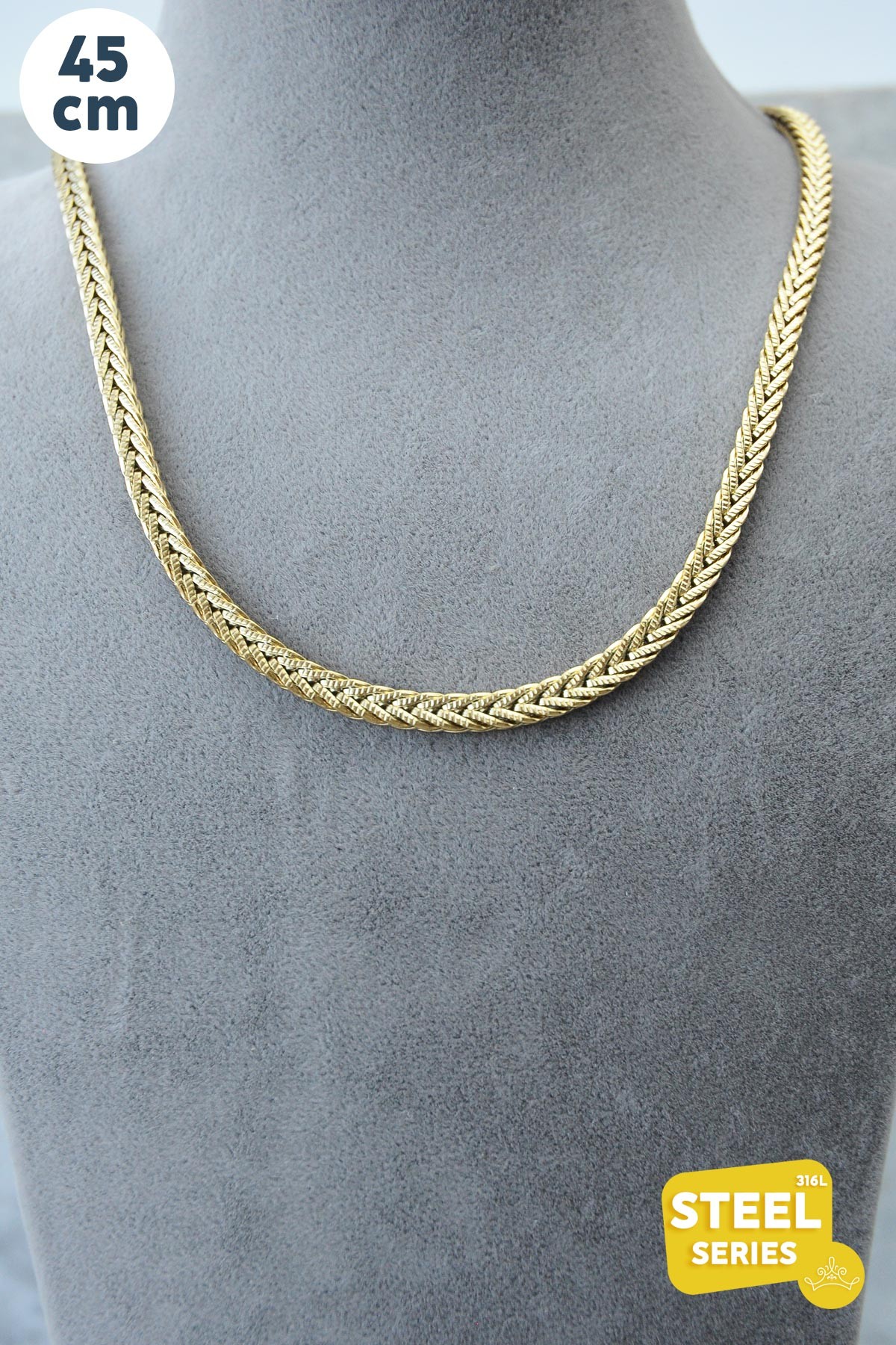 Gold Kalın Örgü Zincir 45cm Çelik Kolye AKL2636
