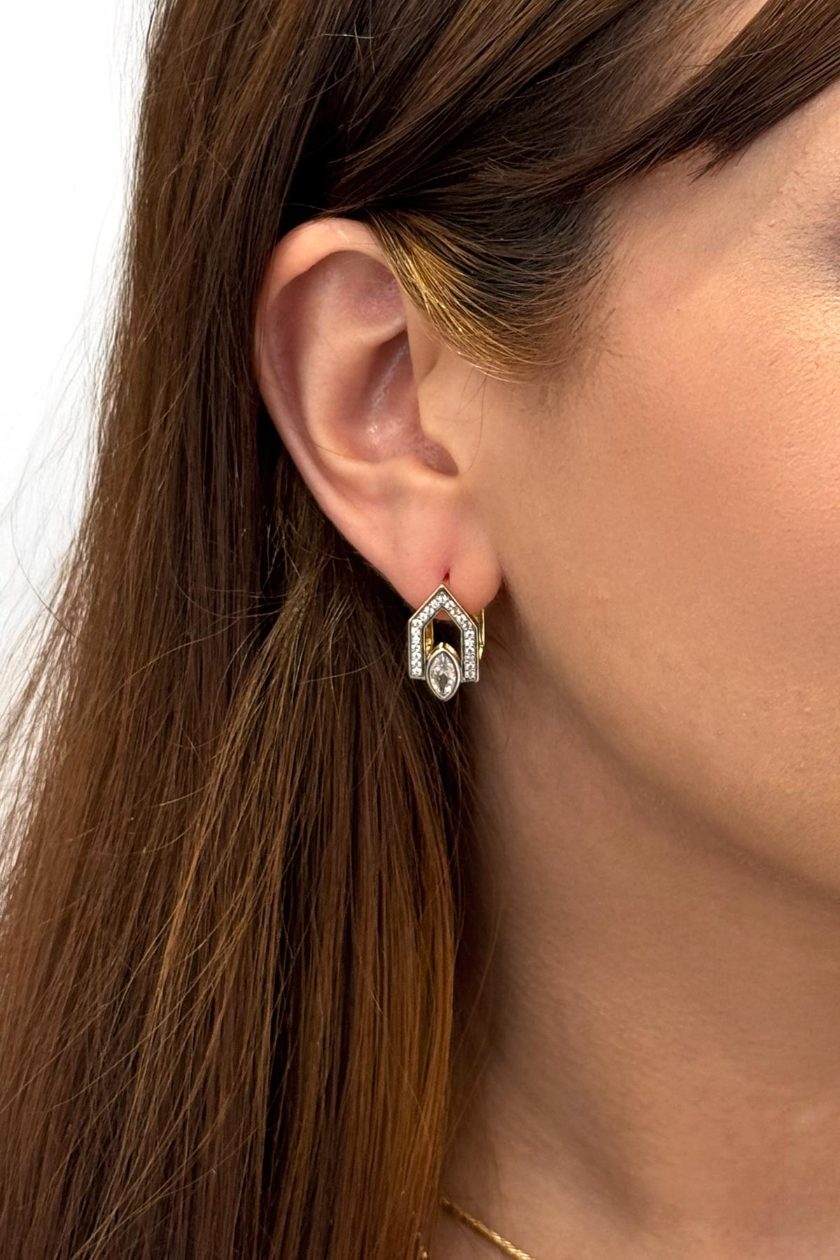 Gold Zirkon Ve Kristal Damla Detay Beşgen Glory Küpe AKE9016