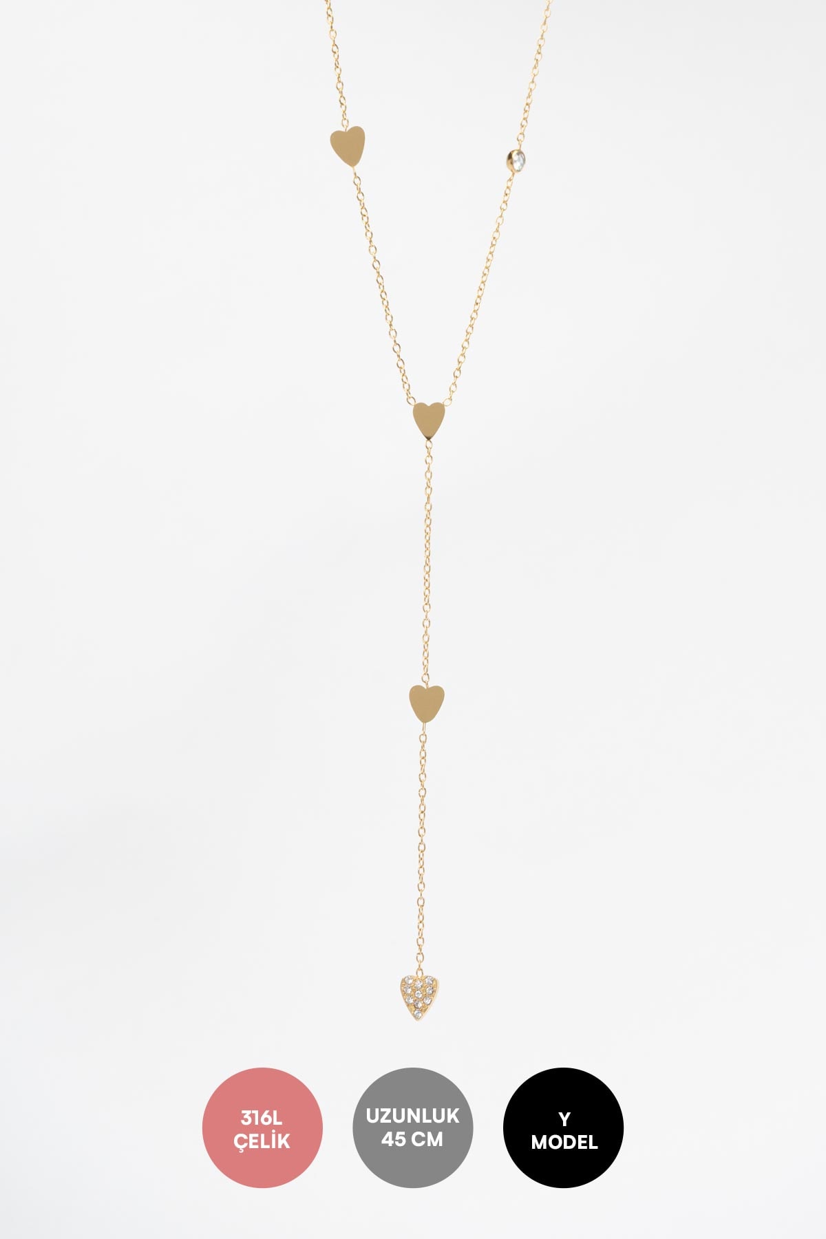 Gold Minimal Zincir Y Tasarım Zirkon Detay Kalp Ve Sade Kalpler Sallantılı 45cm Çelik Kolye AKL4165