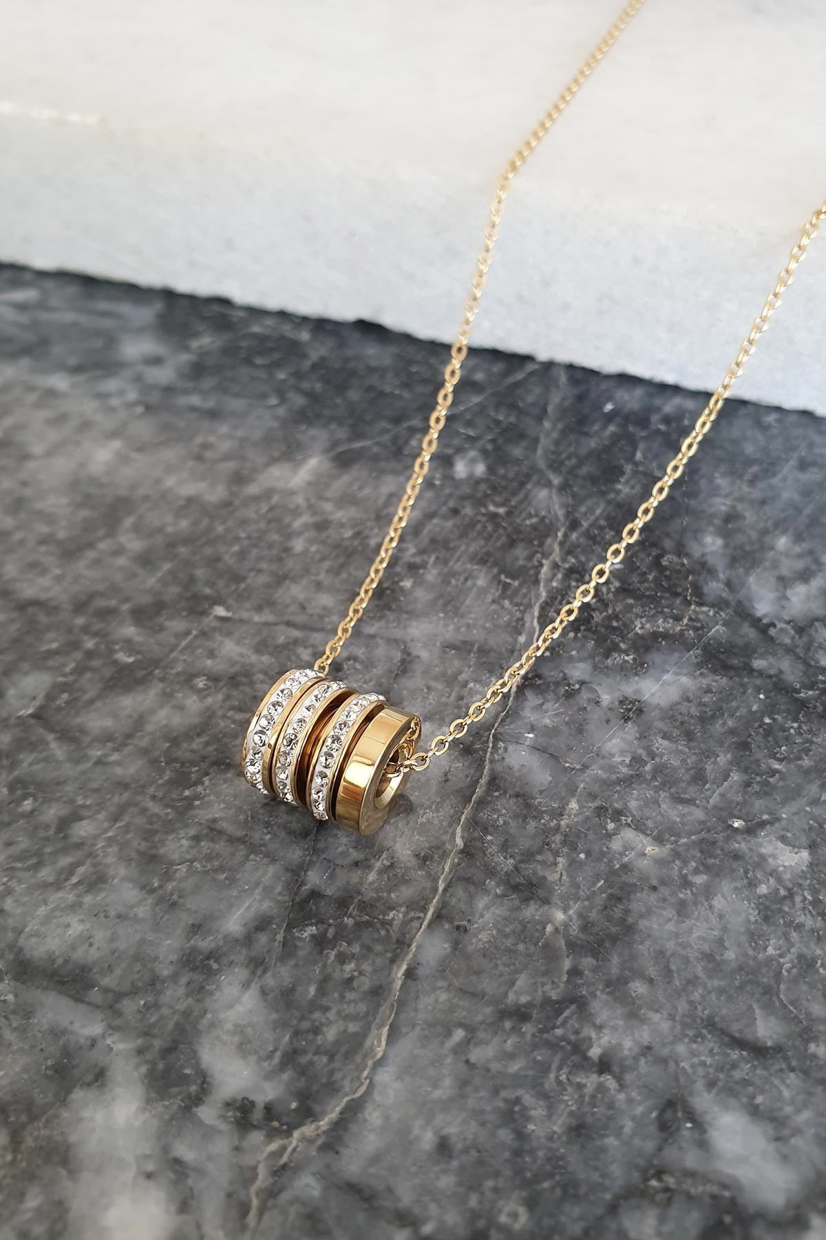 Gold Zirkon Cylinder Çelik Kolye 45 Cm AKL1299