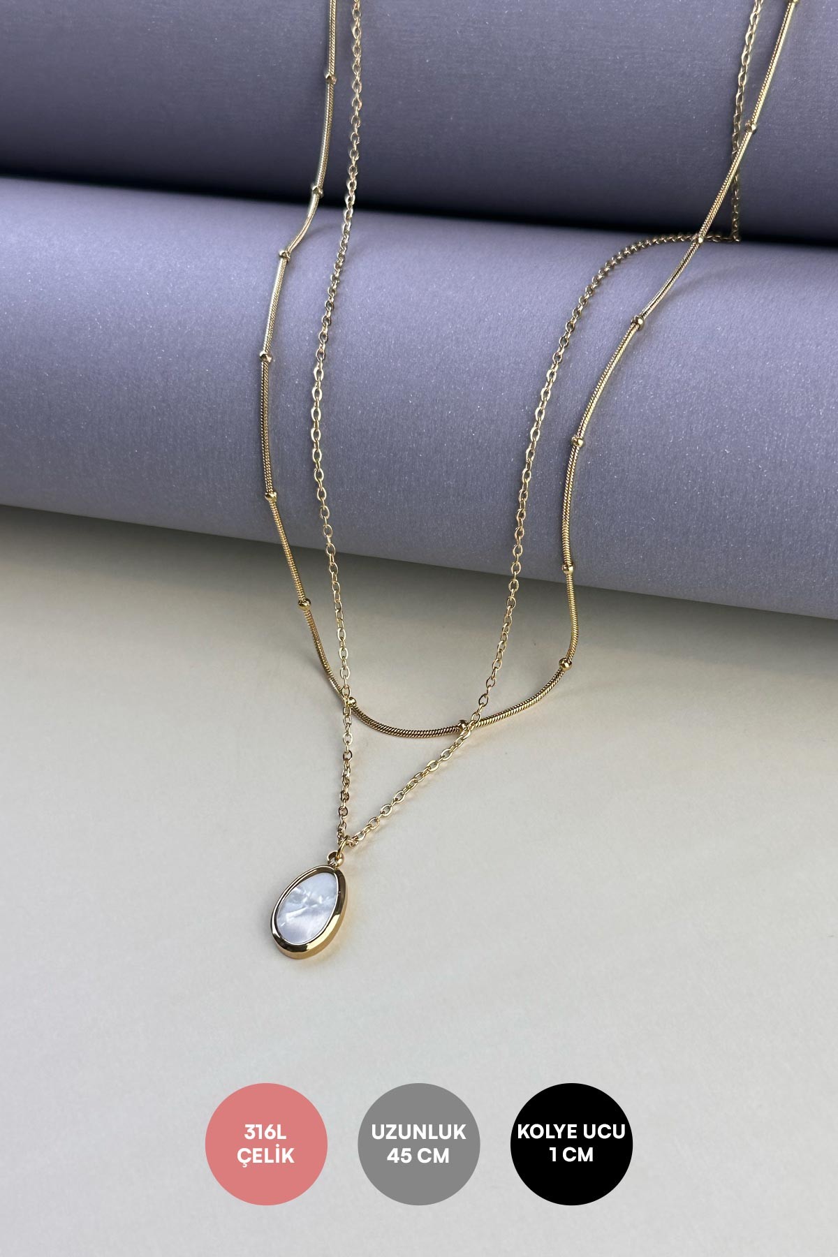 Gold Minimal Toçuklu Çift Zincir Beyaz Sedefli Oval Tasarım Çelik Kolye 45 cm AKL3873