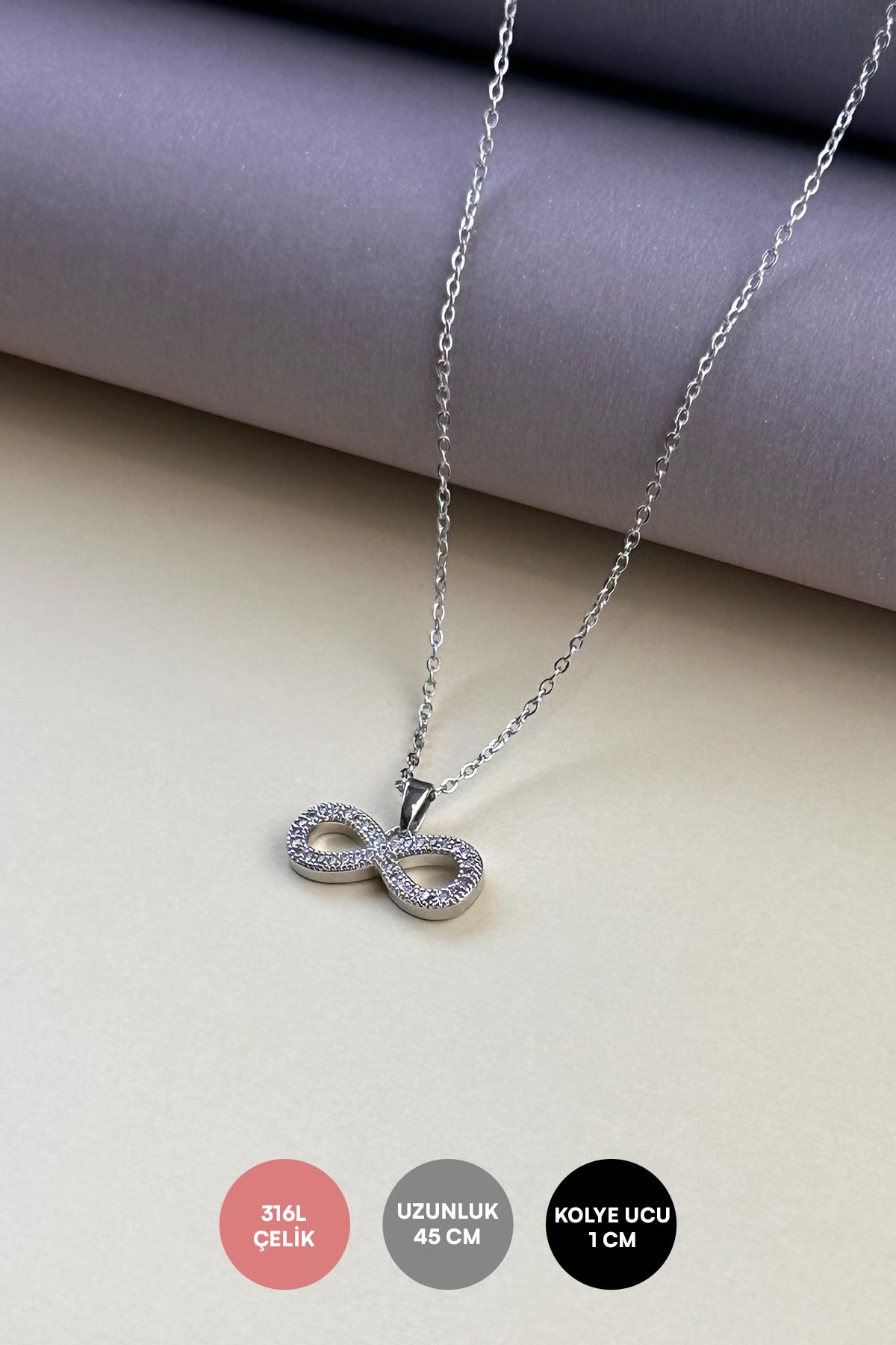 Silver Minimal Zincir Minimal Tektaş Kaplı Sonsuzluk İşareti Sallantılı Çelik Kolye 45 cm AKL4081