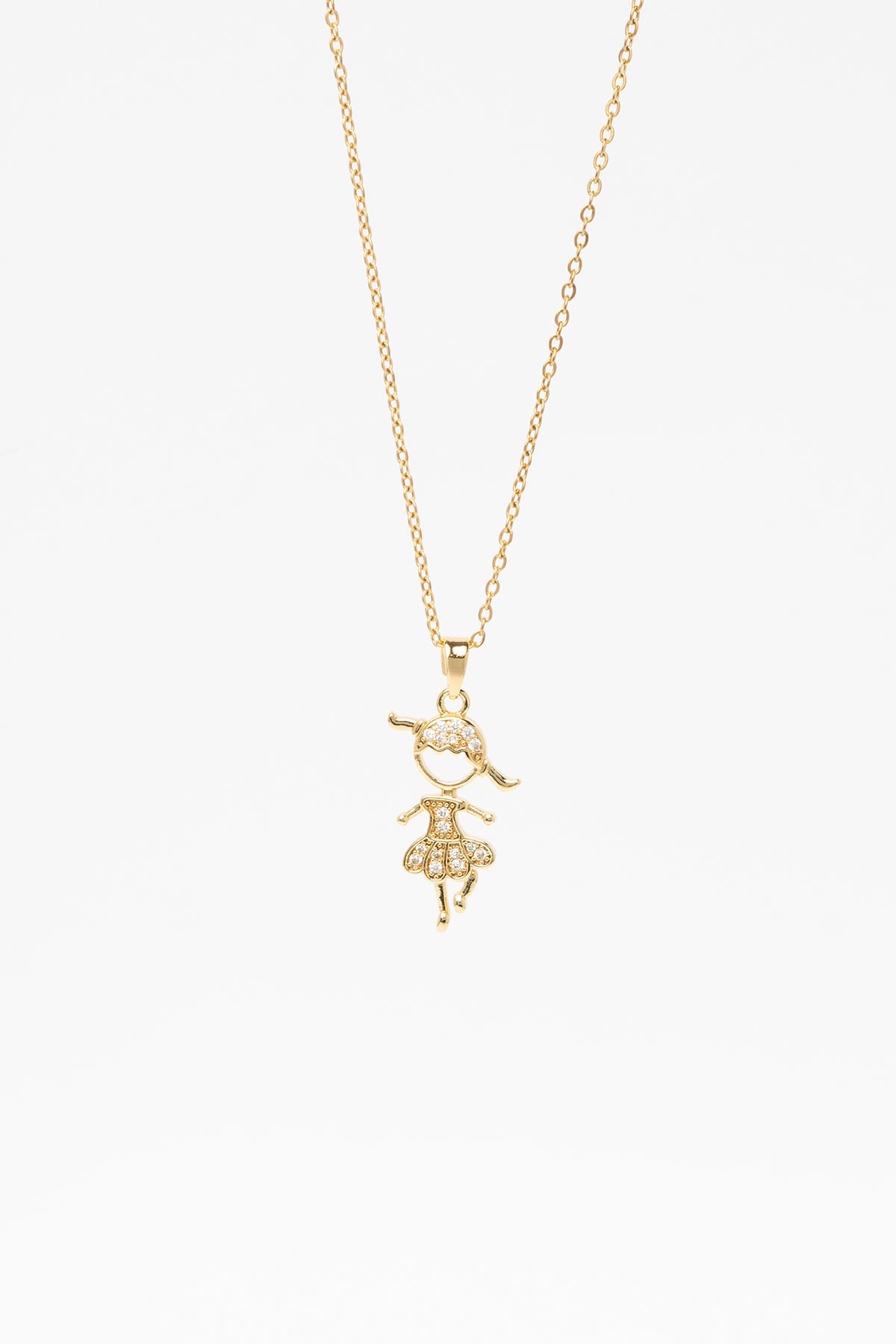 Gold Zirkon Saç Ve Elbise Detaylı Küçük Kız Çocuğu Tasarım 45cm Çelik Kolye AKL4341