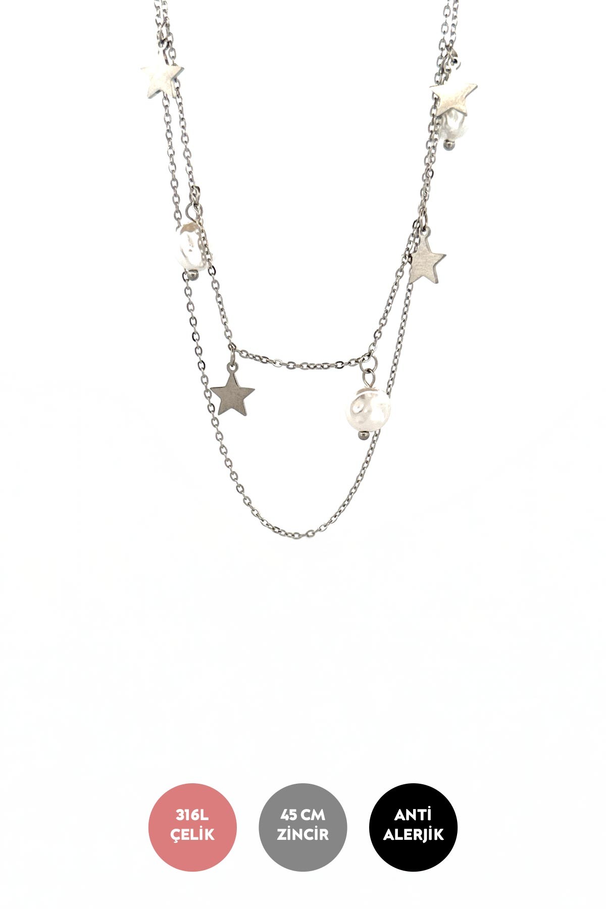 Silver Minimal Çift Zincir Yıldız Ve Ezme İnci Detay Çelik Kolye 45 cm AKL3778
