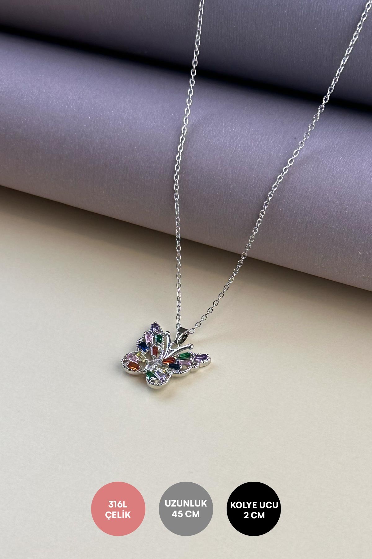 Silver Minimal Zincir Renkli Baget Taşlı Büyük Kelebek Sallantılı Çelik Kolye 45 cm AKL4093