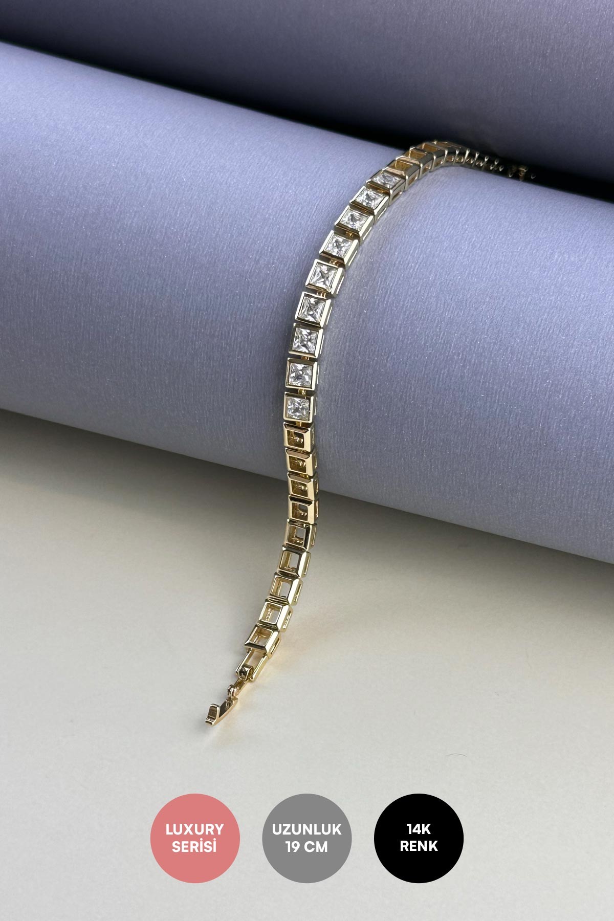 Gold 14K Kristal Taşlı Ve Boş Kareler Luxury Bileklik ABL7252