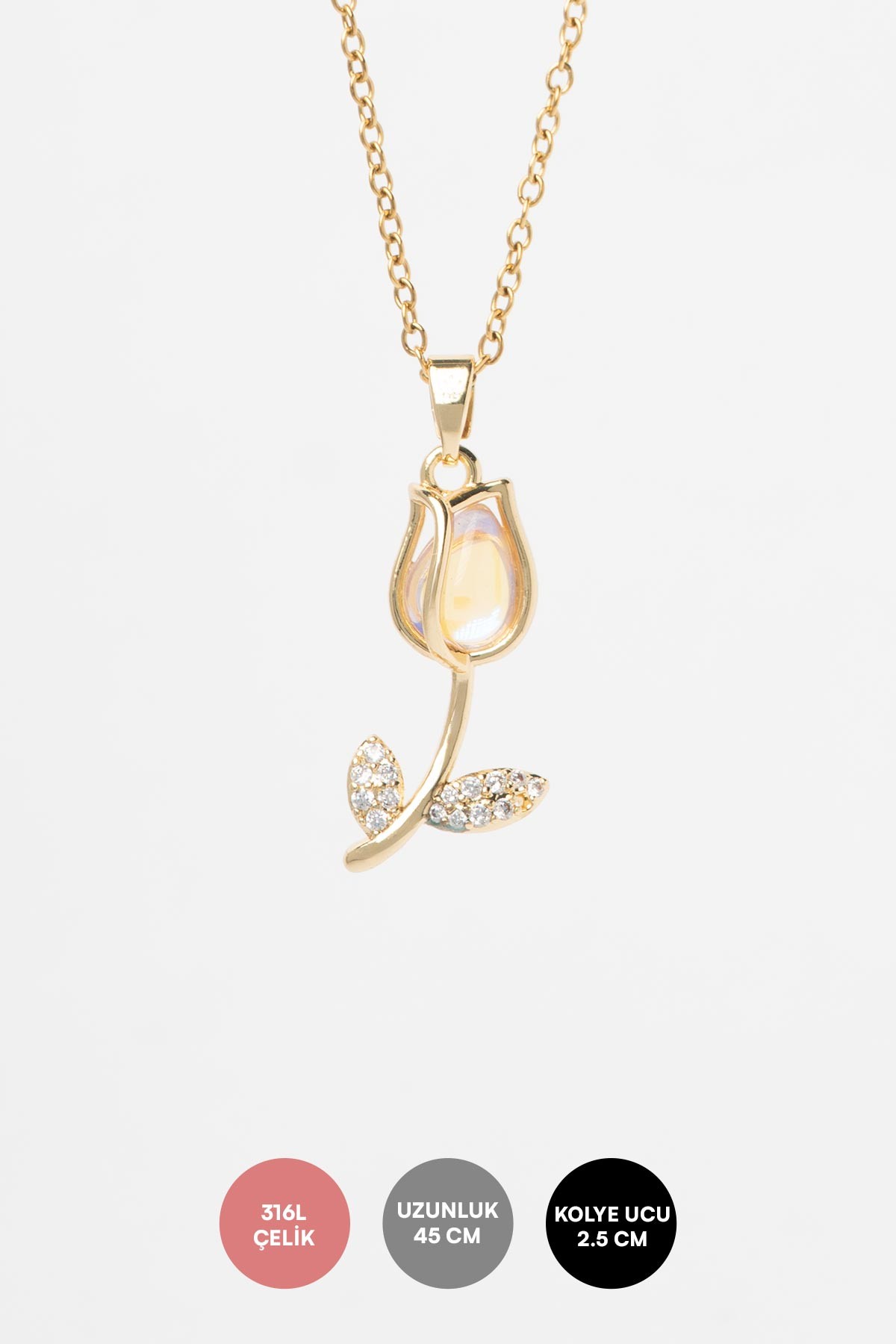 Gold Minimal Zincir Zirkon Detay Yapraklı Lale Figür Sallantılı Çelik Kolye 45 cm AKL4074