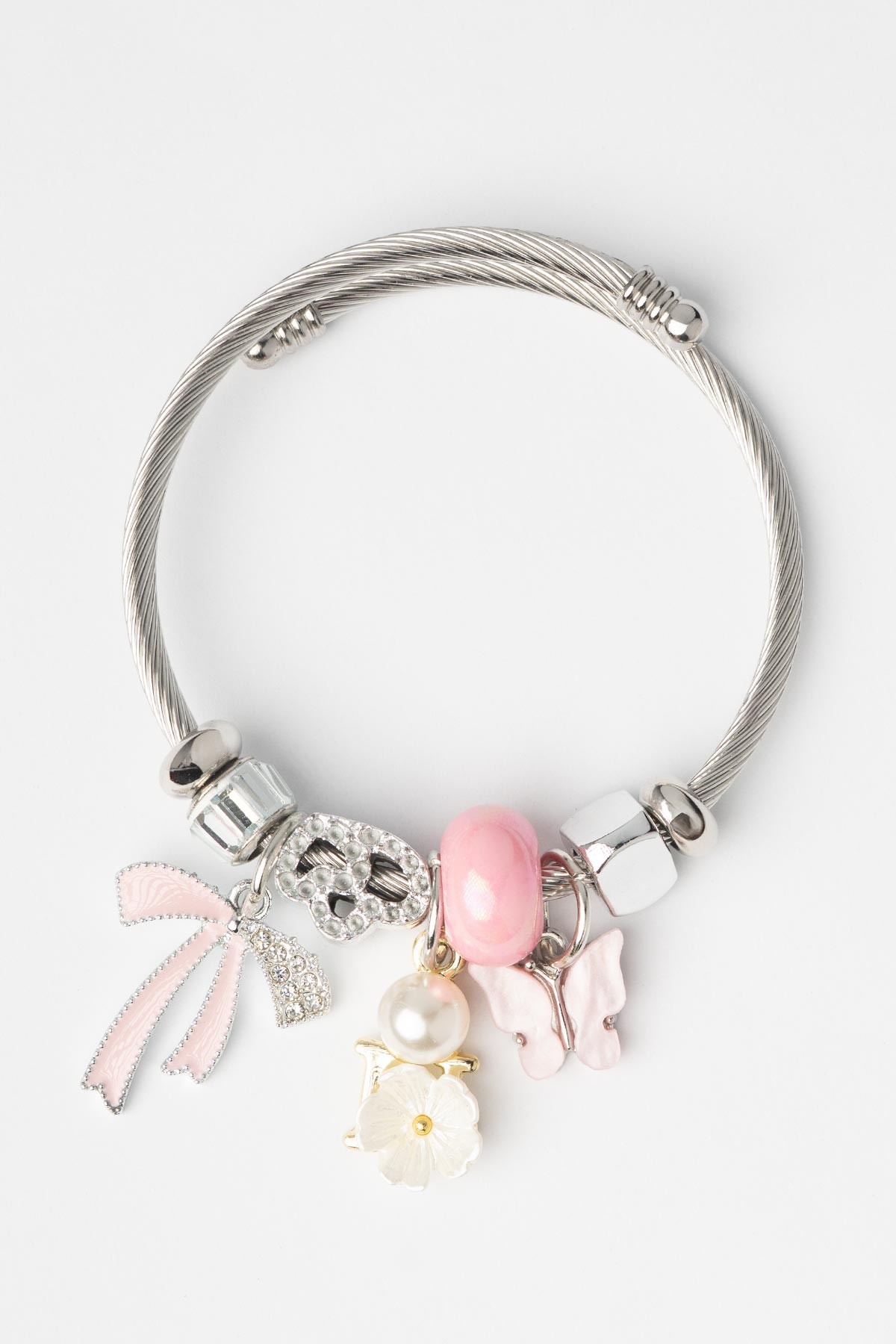 Zirkon Detay Pembe Kurdele İncili Çiçek Pembe Kelebek Charm Sallantılı Bileklik ABL7355