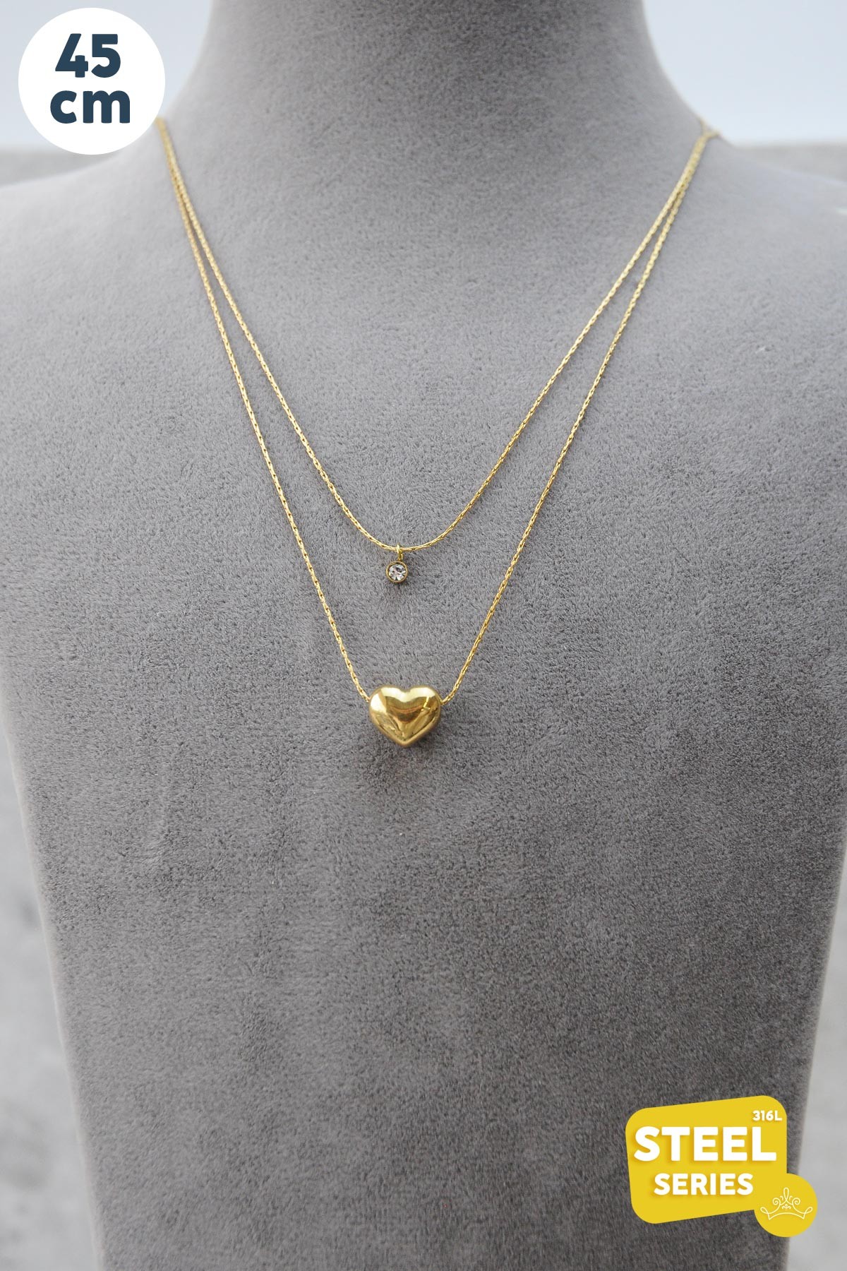 Gold Minimal Çift Zincir Kalp Ve Tektaş Sallantılı 45cm Çelik Kolye AKL2649