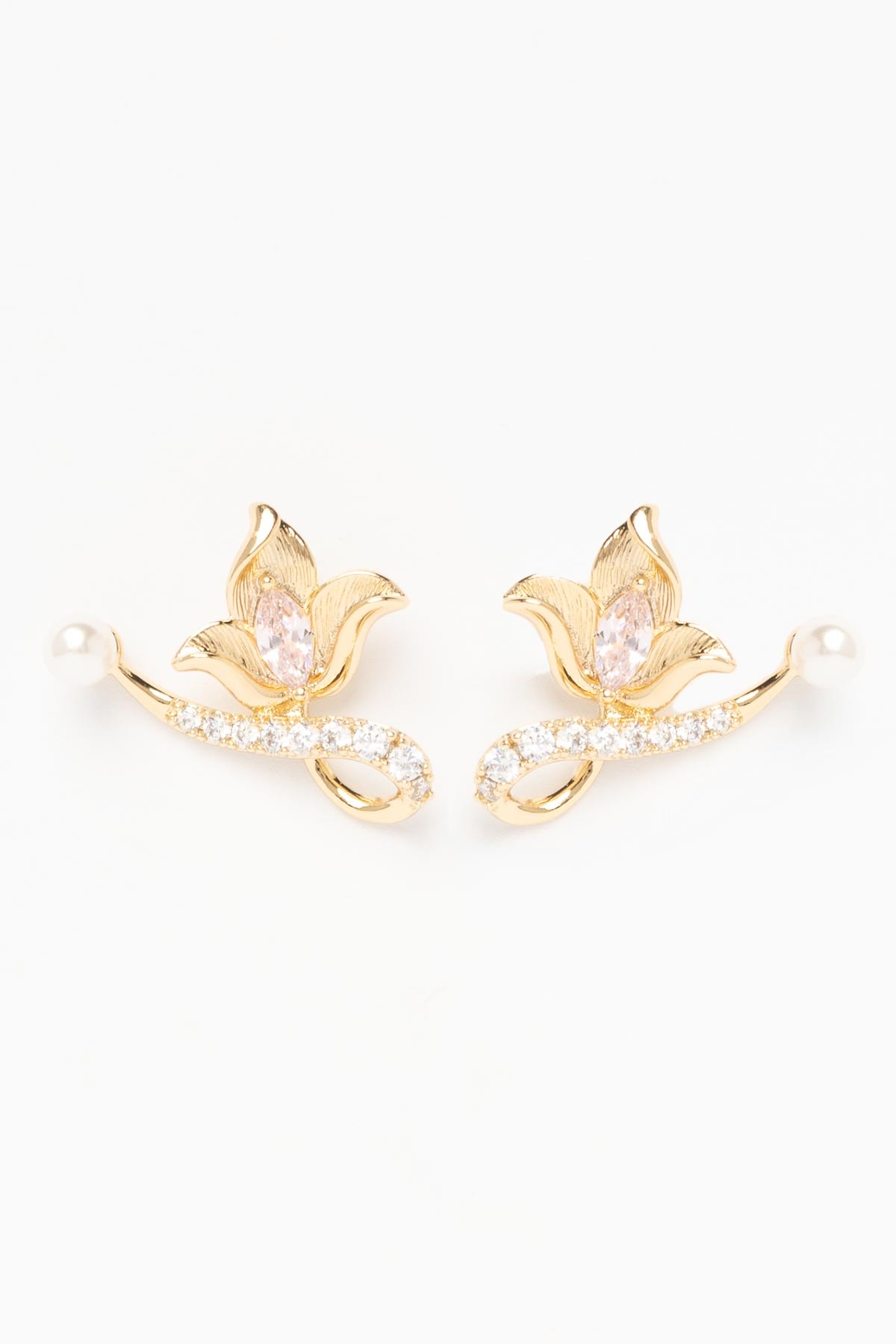 Gold Pembe Taşlı Yaprak Desenli İnci Luxury Küpe AKE9394