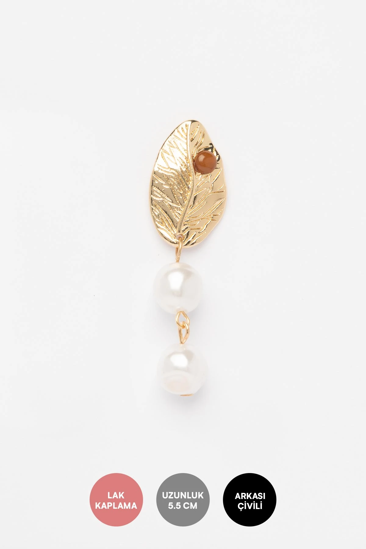 Gold Lazer Kesim Desen Yaprak Figürlü İnci Sallantılı Stefany Küpe AKE9417