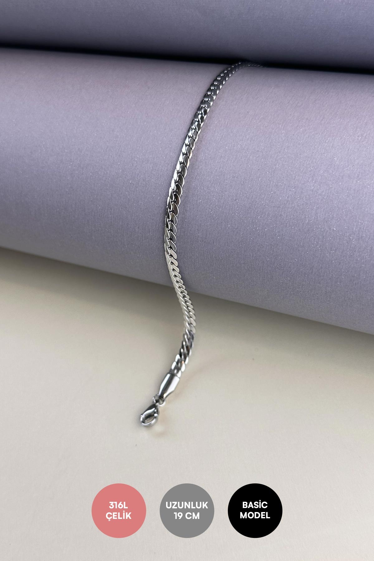 Silver Slim Yassı Zincir Basic Çelik Bileklik ABL6617