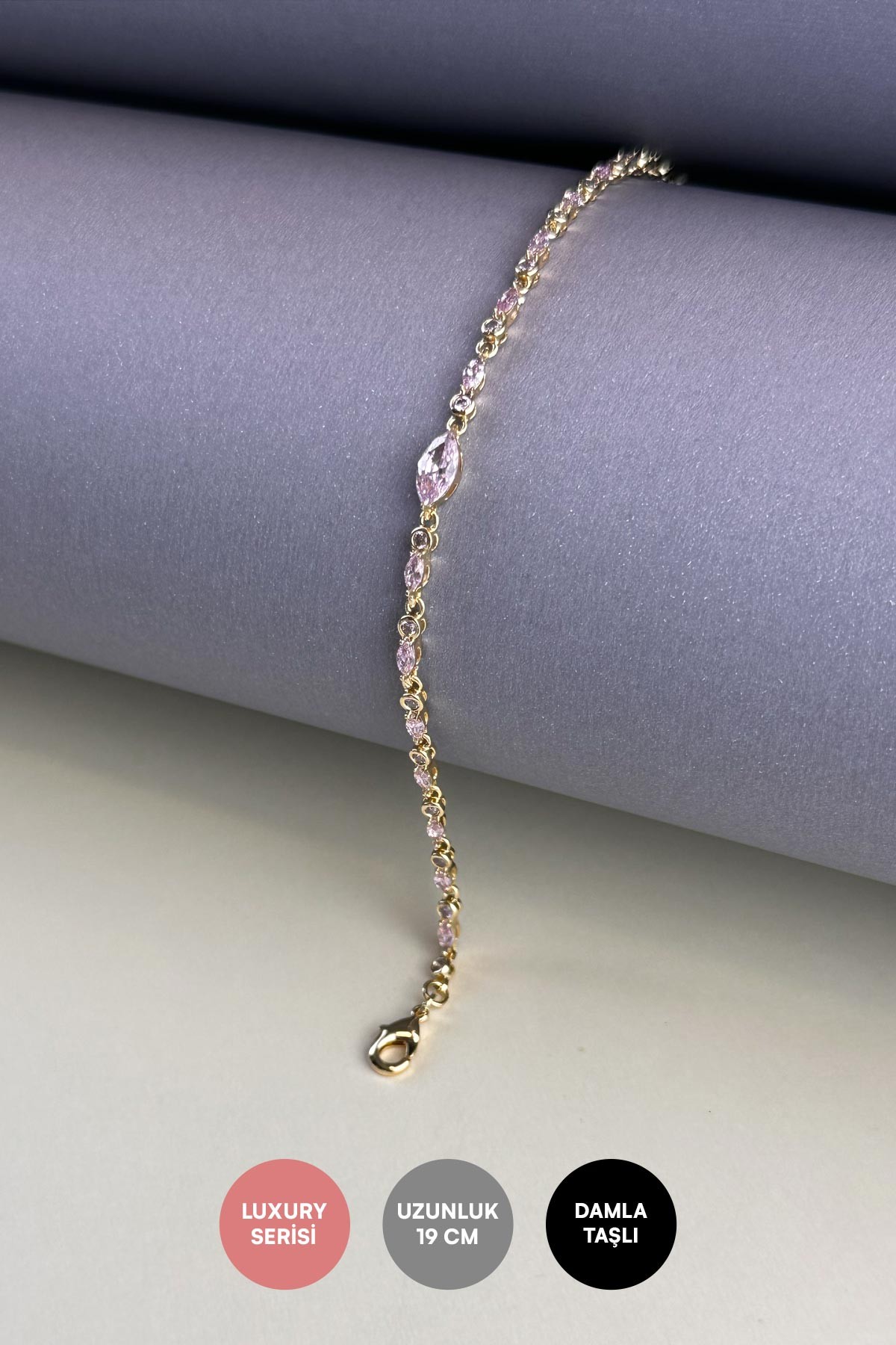 Gold Tasarım Minimal Pembe Baget Taşlı Luxury Bileklik ABL7178