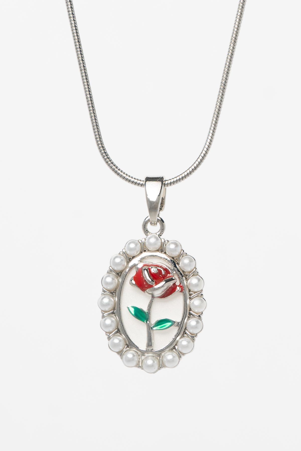 Silver Minimal Boru Zincir Oval İnci Çerçeveli Gül Tasarım Çelik Kolye 45 cm AKL3919