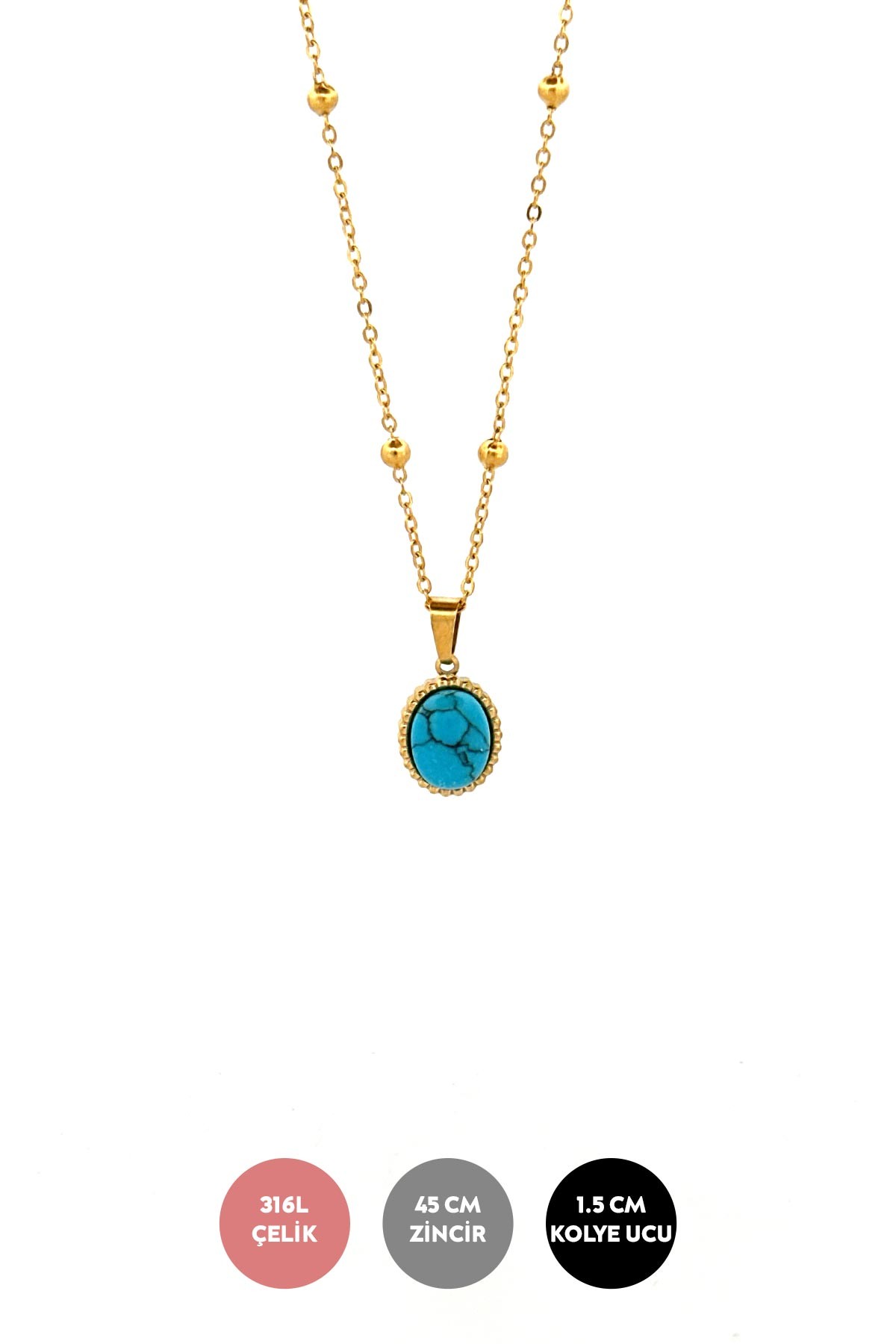Gold Topçuklu Minimal Zincir Tırtıklı Firuze Sallantılı Çelik Kolye 45 cm AKL3788