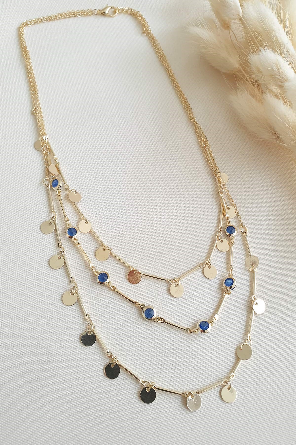 Pullu Blue Eyes Üçlü Sallantılı Gold Kolye 60 Cm Akl1088