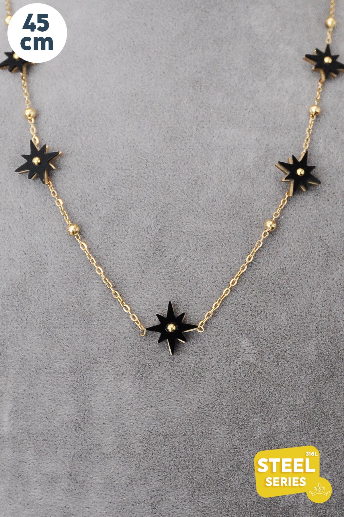 Gold Minimal Topçuk Detay Siyah Sedefli Kuzey Yıldızları 45 cm Çelik Kolye AKL2803