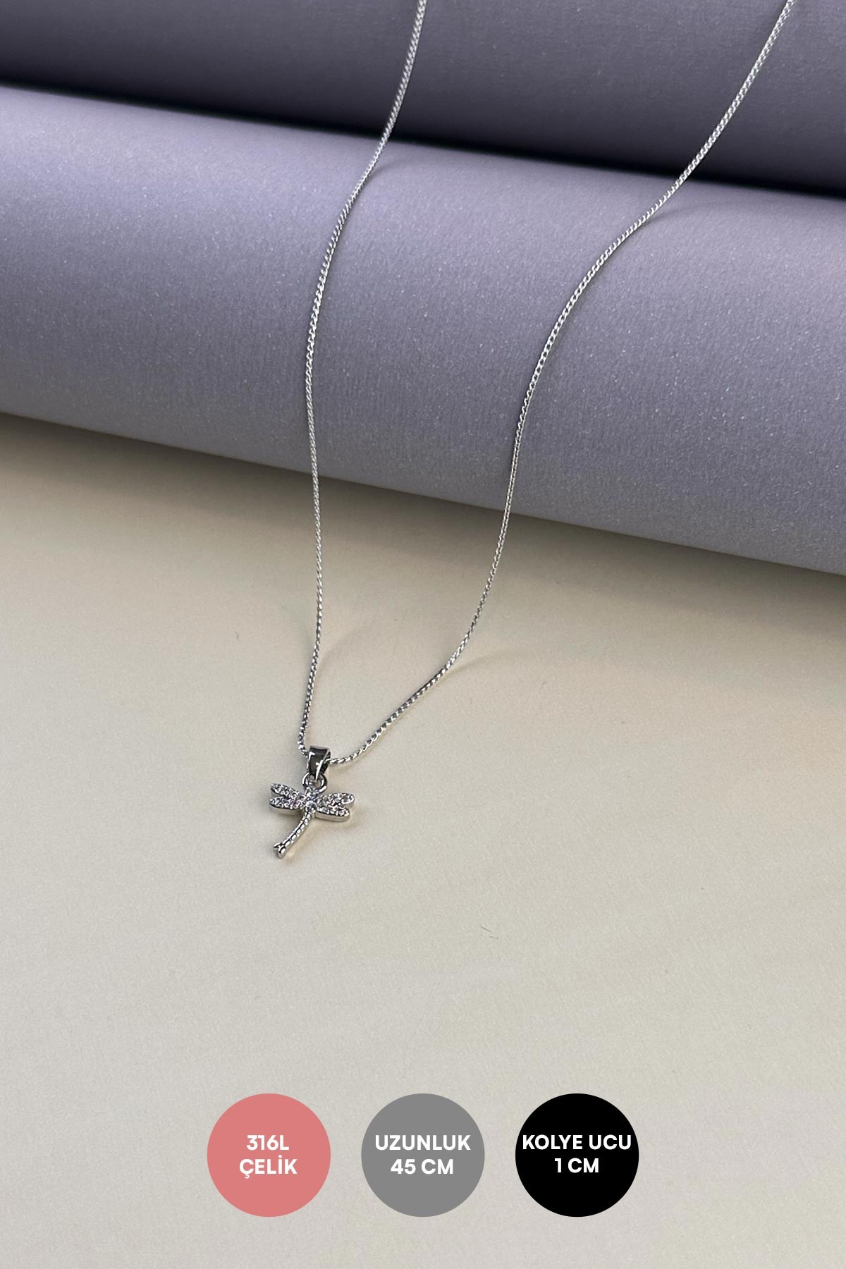 Silver Minimal Boru Zincir Zirkon Yusufçuk Çelik Kolye 45 cm AKL3877