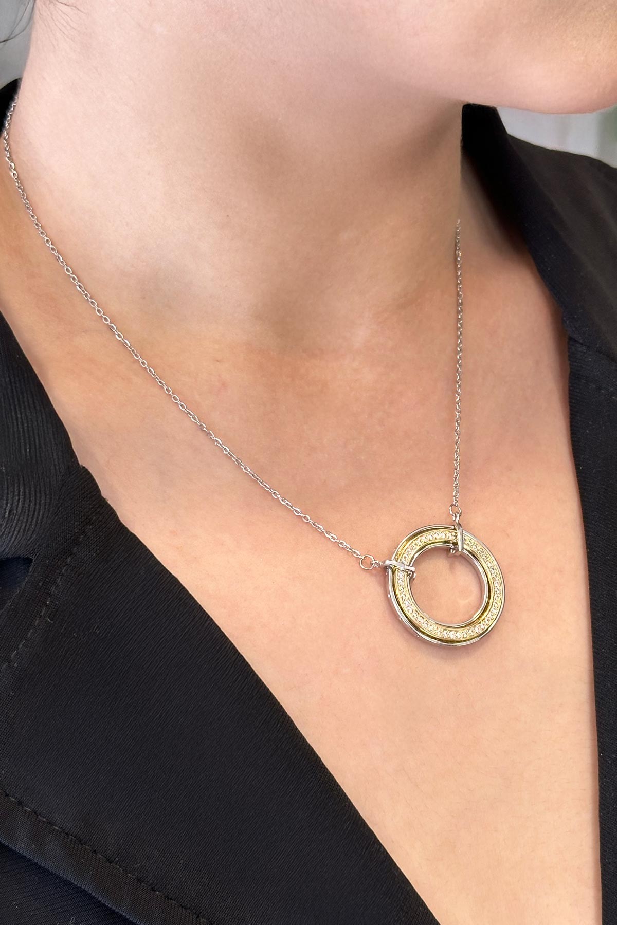 Silver Minimal Zincir Gold Detay Oreon Çelik Kolye 45 Cm AKL3073