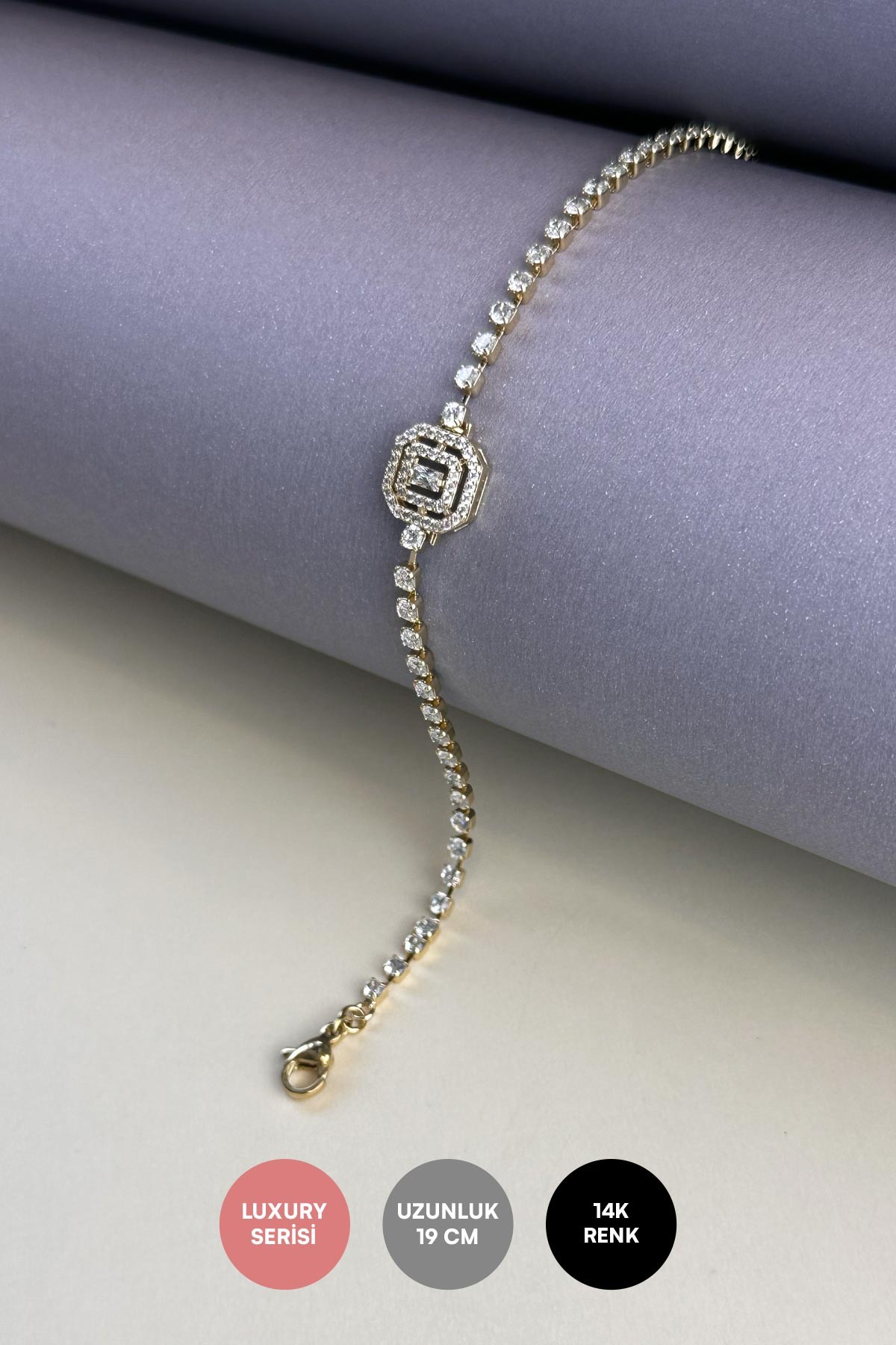 Gold Çift Sıra Zirkon Çerçeve Detay Kristal Minimal Sıra Taşlar Luxury Bileklik ABL7154