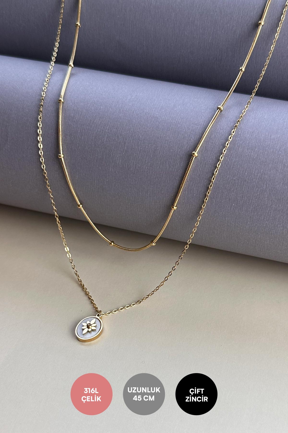 Gold Çift Zincir Minimal Sedef Oval Çerçeve İçinde Çiçek Sallantılı 45cm Çelik Kolye AKL4005